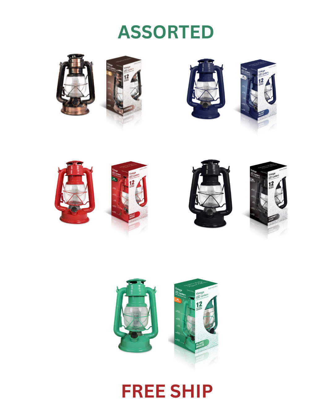 Vintage LED Lantern- Set of 5 – Assorted Colors 12 Lumen – FREE SHIPPING