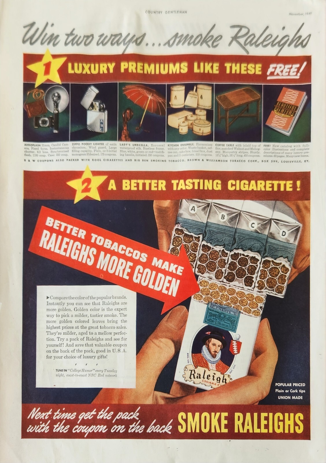 1941 Raleigh Cigarettes Vintage Ad Luxury premiums like these