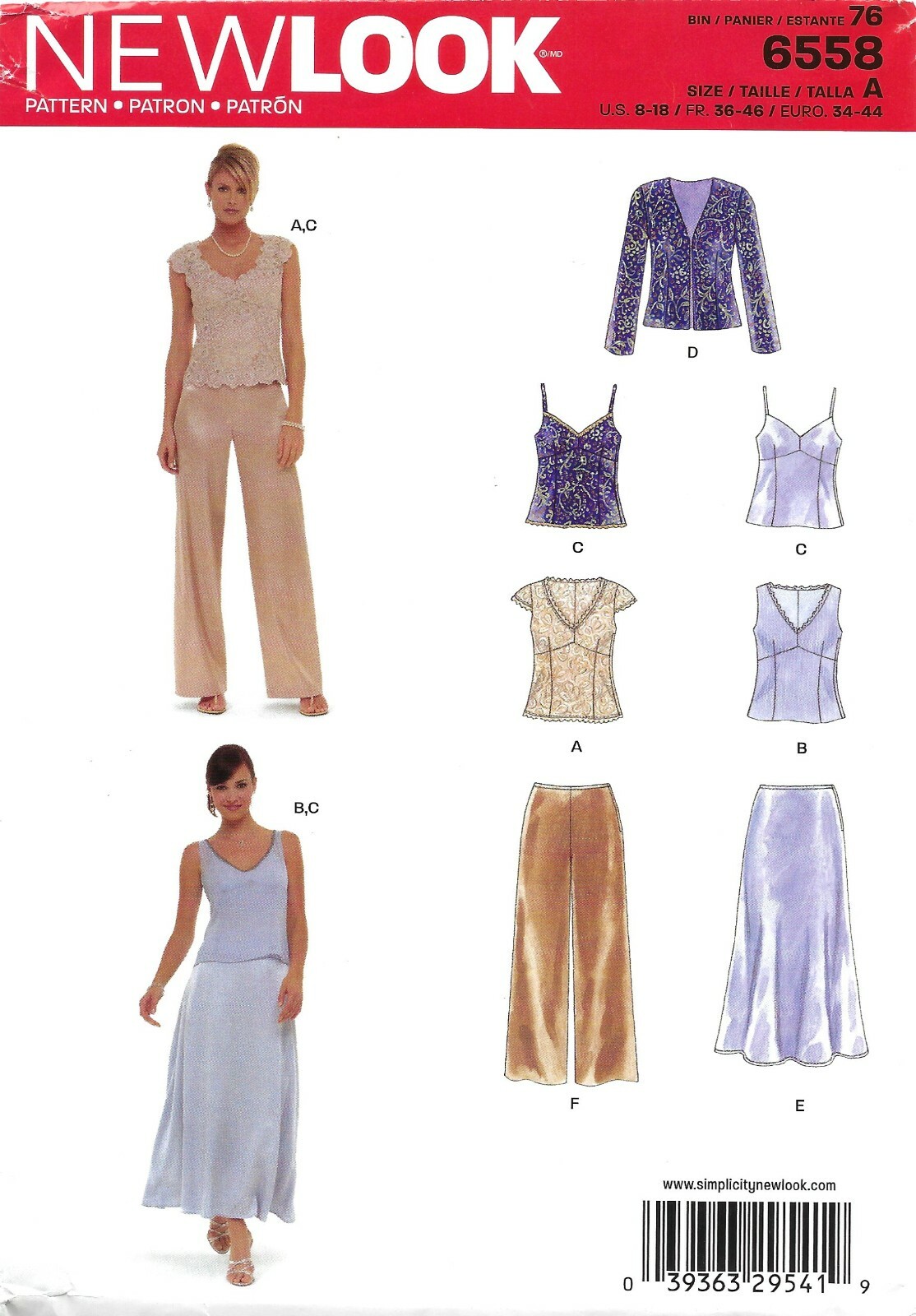 New Look 6558 Special Occasion Camisole, Top, Jacket, Skirt, Pants Sz 8-18 UNCUT