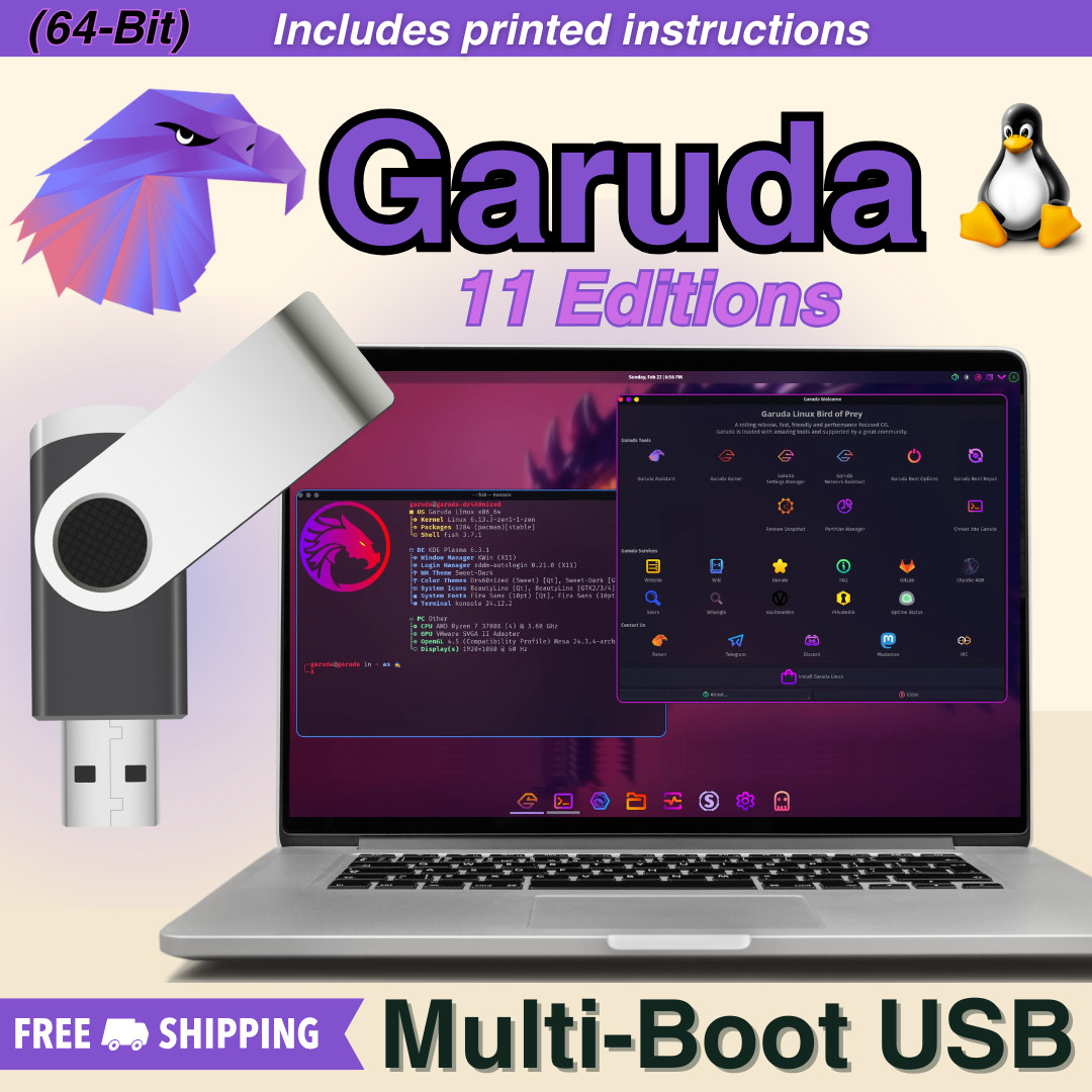 Garuda Linux 11-in-1 Multi-boot USB (64GB, USB 3.0) All Editions, Free Shipping