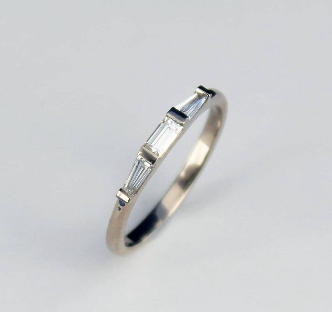 Three Buguette Cut CZ Diamond Trilogy Wedding Band Silver Stackable Wedding Band