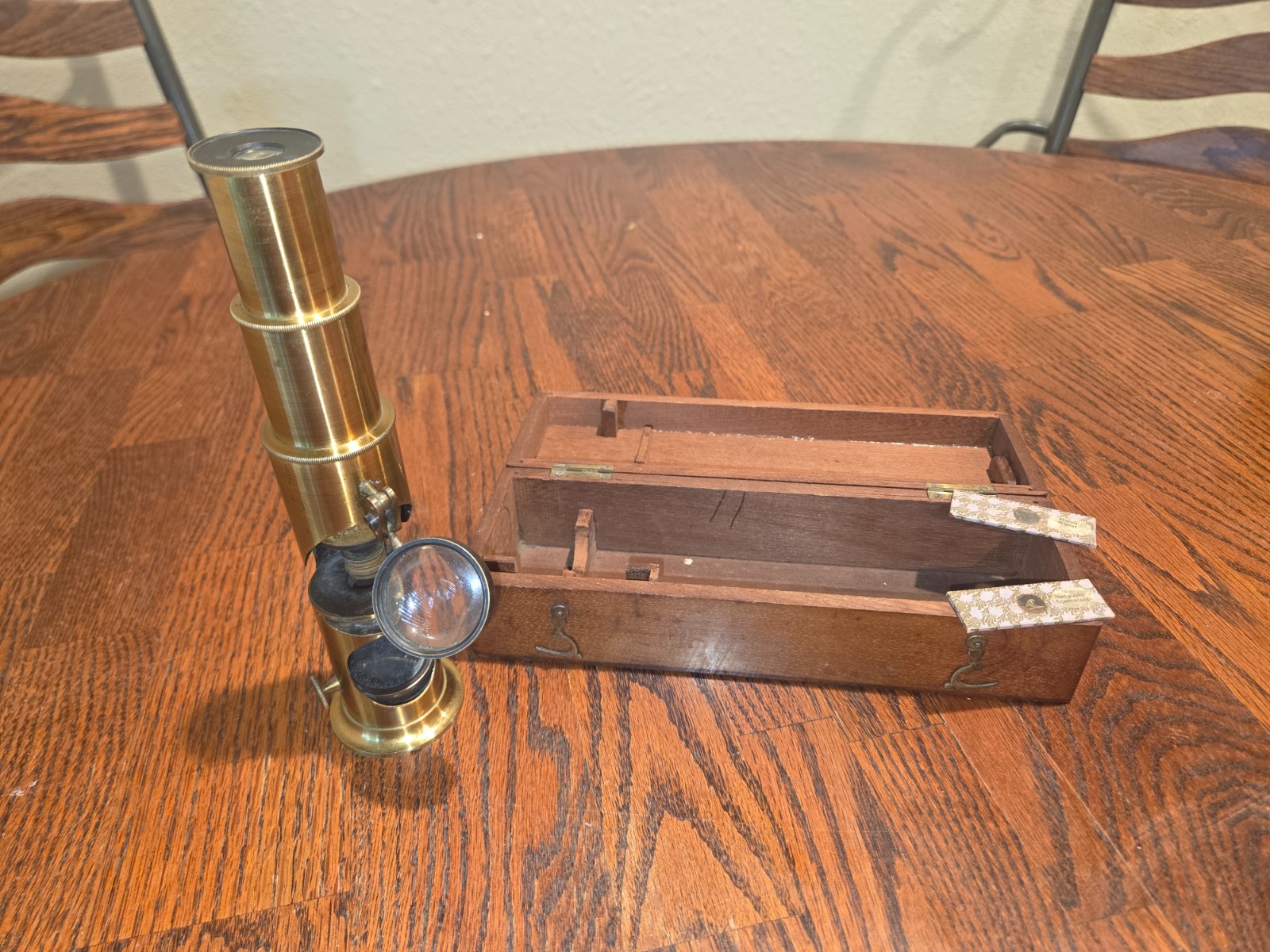 Antique Brass Field Microscope w/ Box & slides