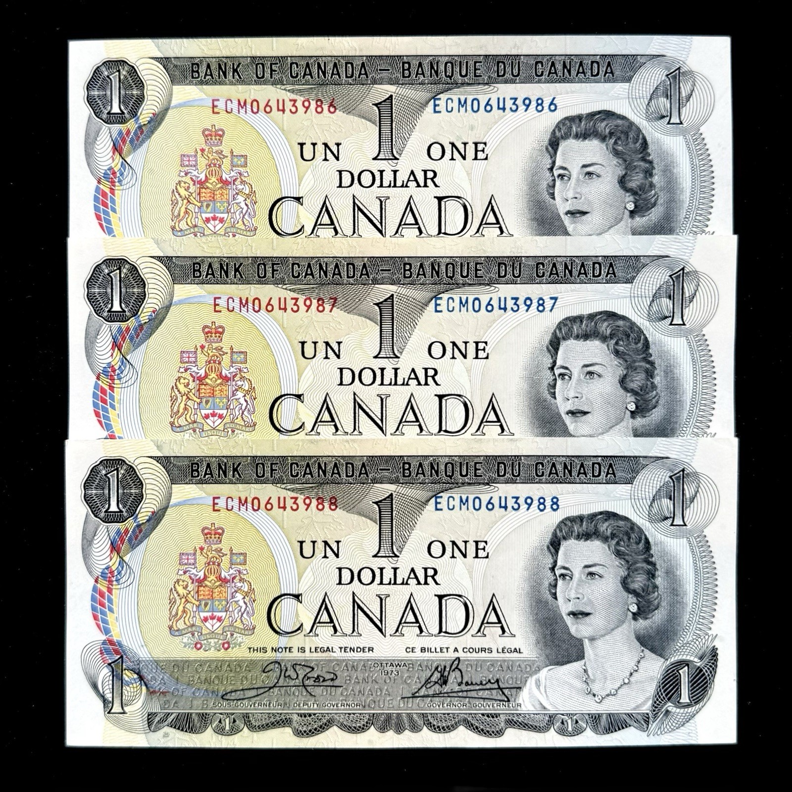 1973 Canada $1 One Dollar Banknotes Consecutive Paper Money Prefix ECM Lot 3 AU+