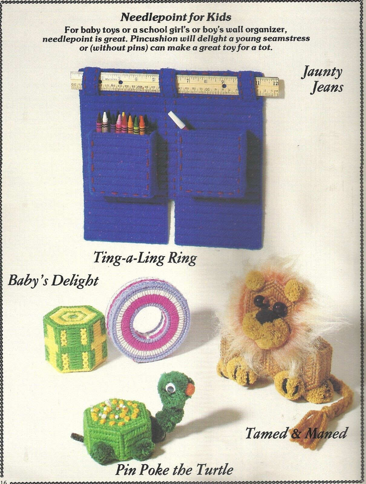 PLAID NEEDLEWORK ON PLASTIC CANVAS - TOYS, GAMES & FRAMES BOOKLET #7486 ©1981