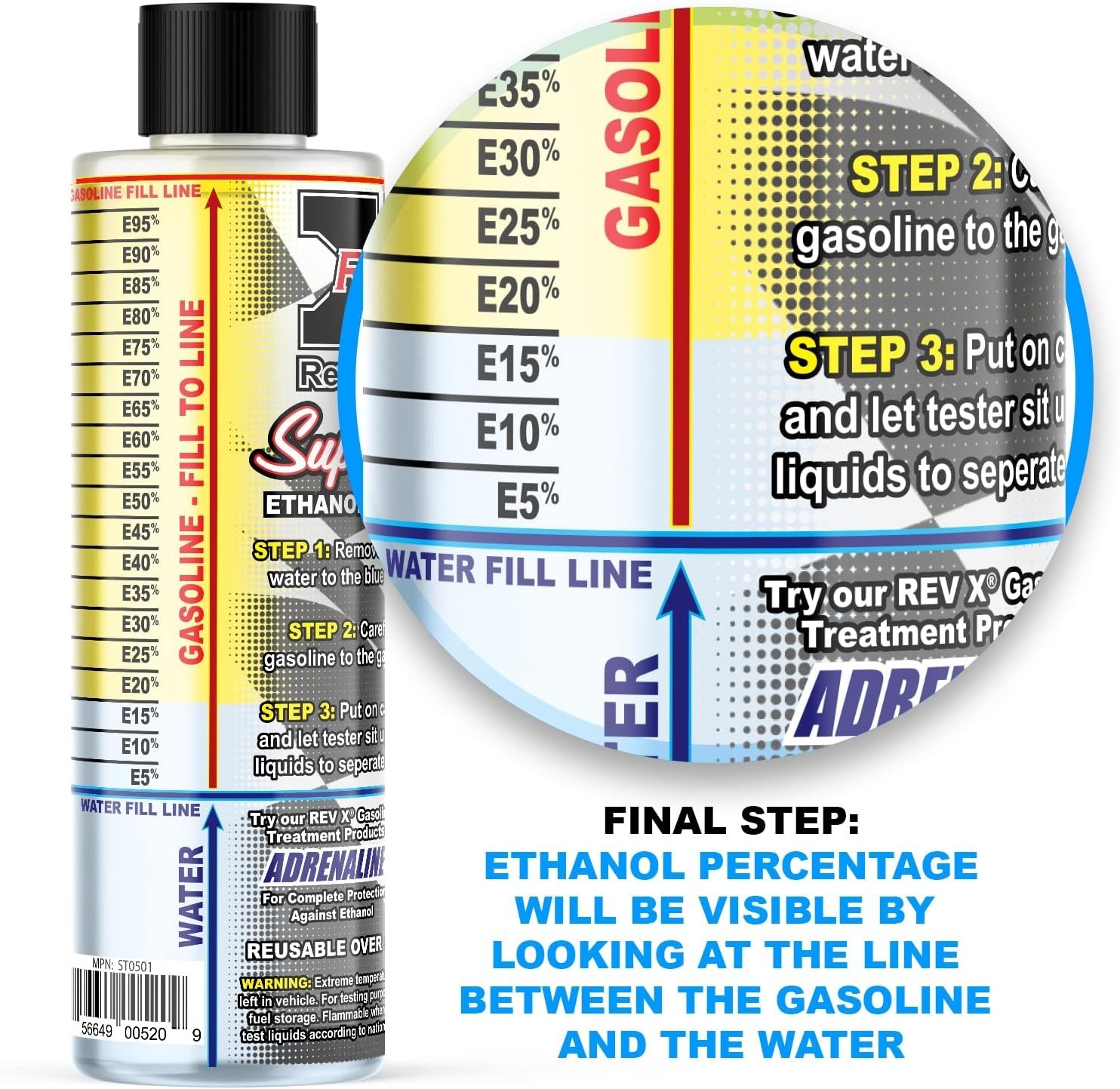 Reusable E85 Gasoline Tester with Easy Read Instructions for All Ethanol Levels