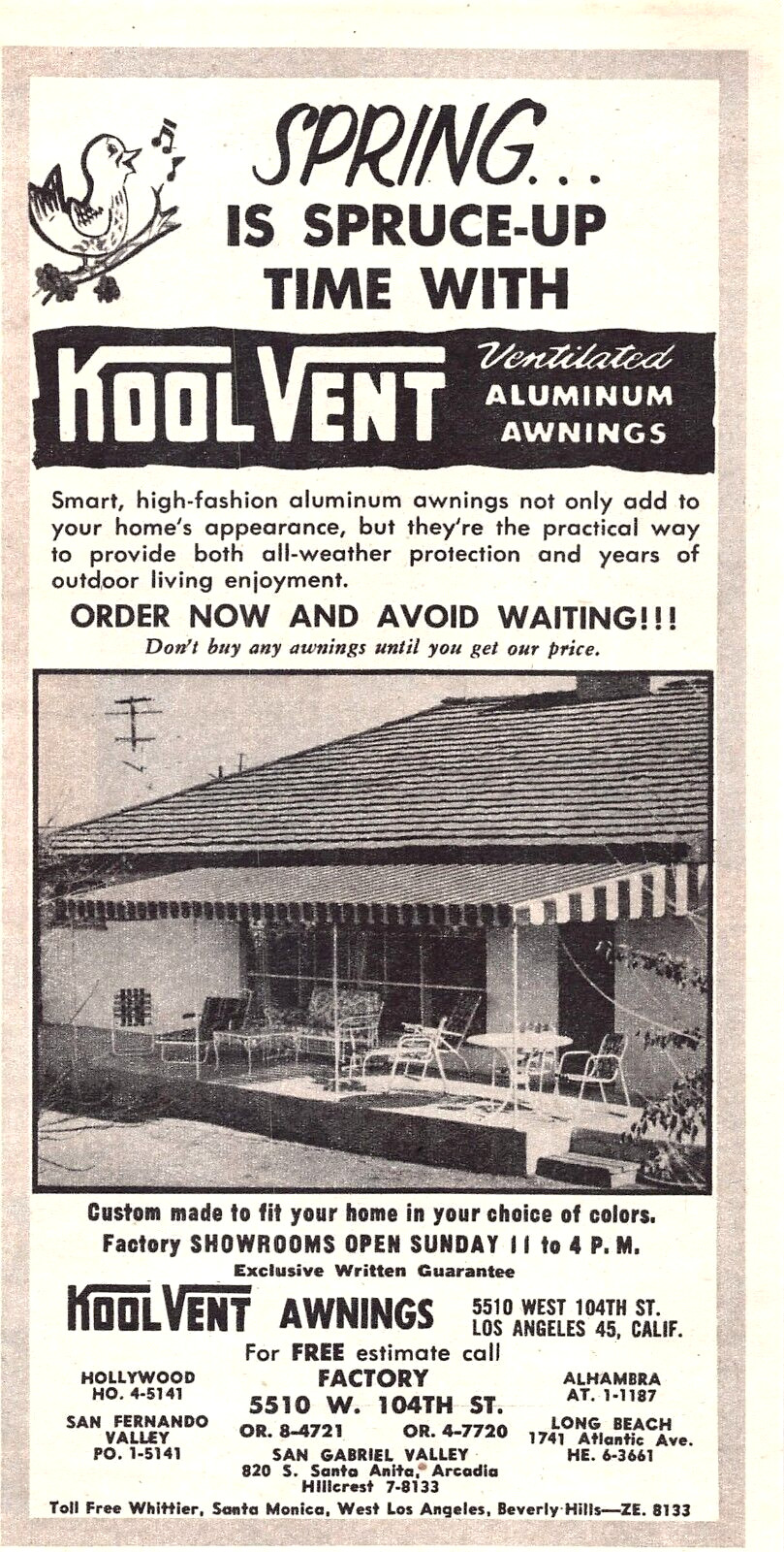 Koo Vent Awnings Ventilated Aluminum Los Angeles CA 1957 Vtg Magazine Print Ad