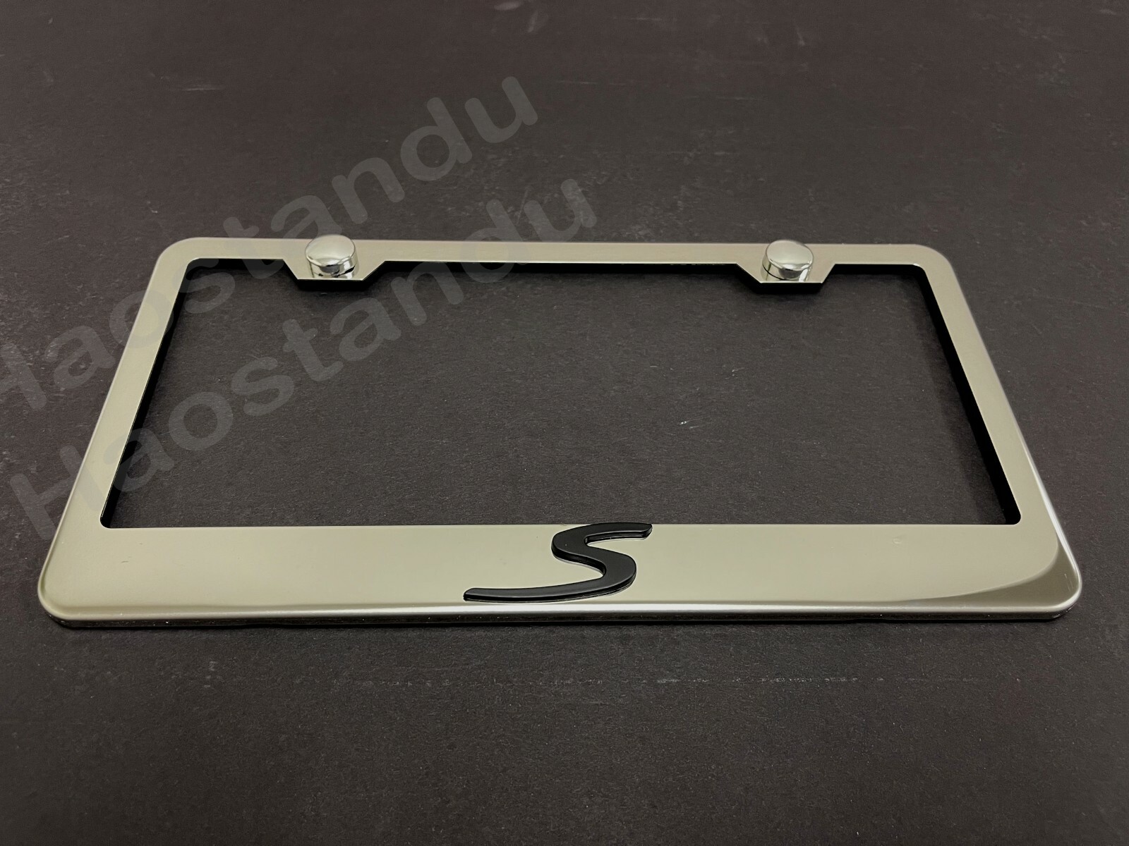 1x "S" 3D Emblem STAINLESS STEEL License Plate Frame RUST FREE + ScrewCap (BLK)