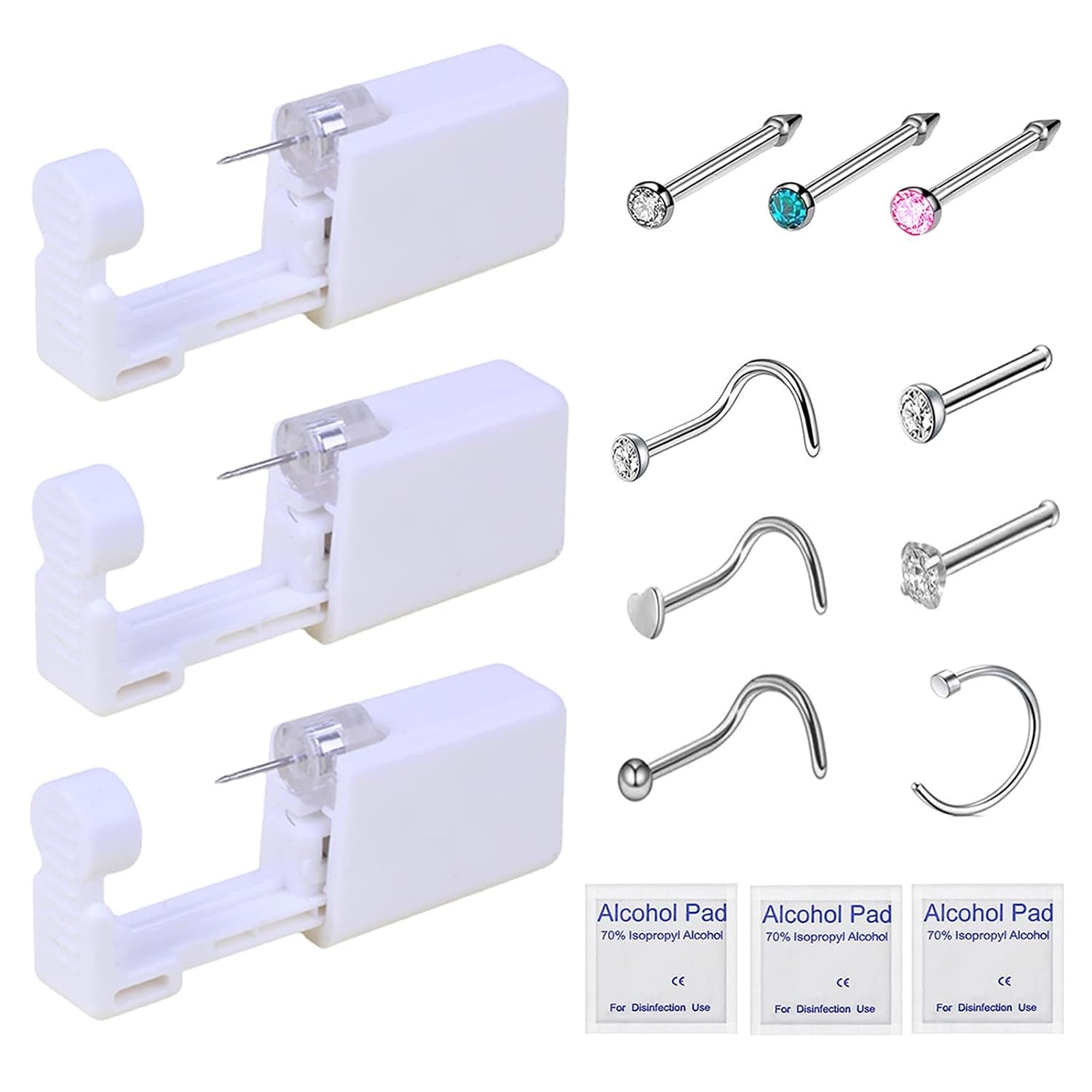 Self Piercing Nose Gun Kit 3 Pack with Nose Studs & Rings Nose Piercing Kit