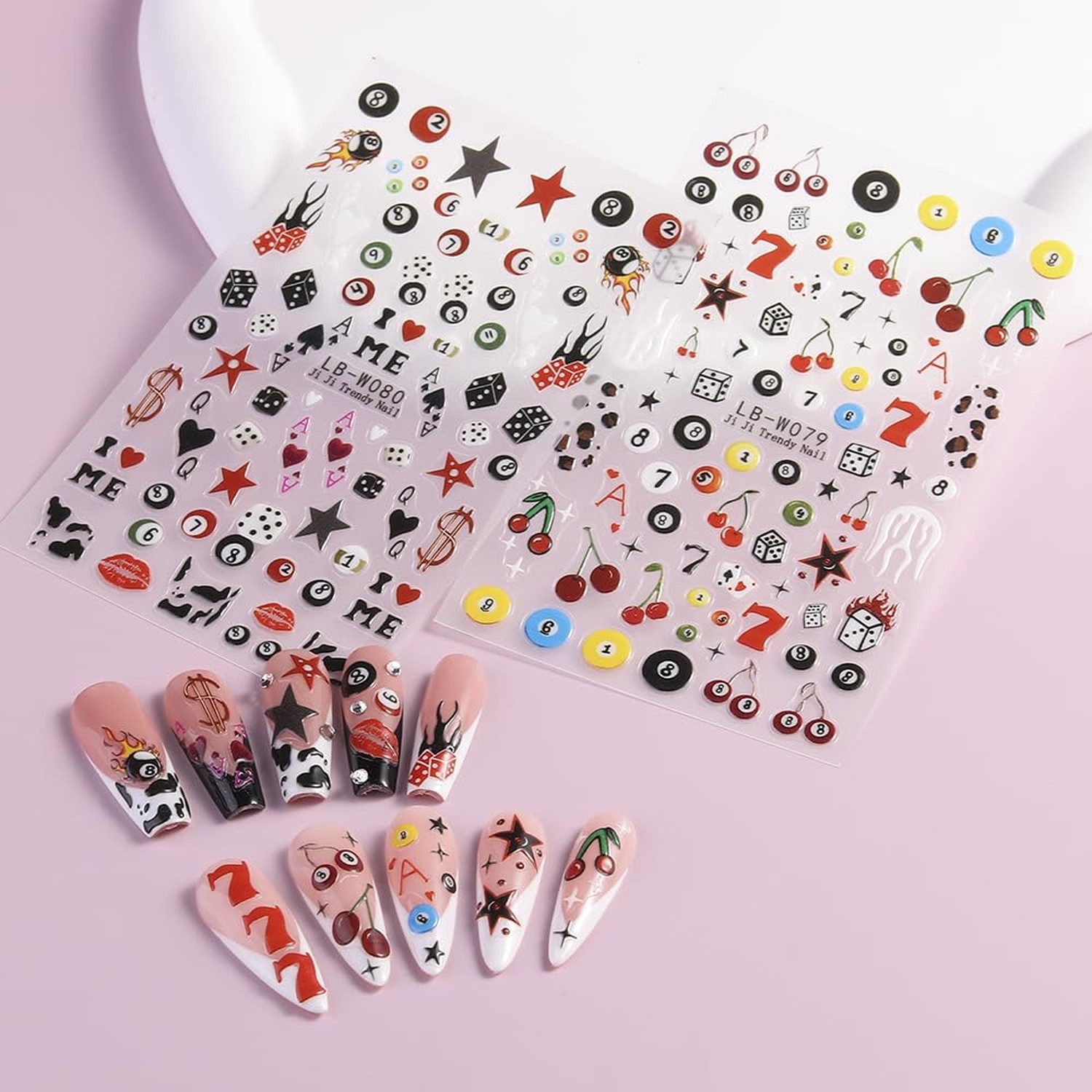 4 Sheets Pool & Dice Nail Art Stickers Decals, Cute Cartoon Style Dice Billia...