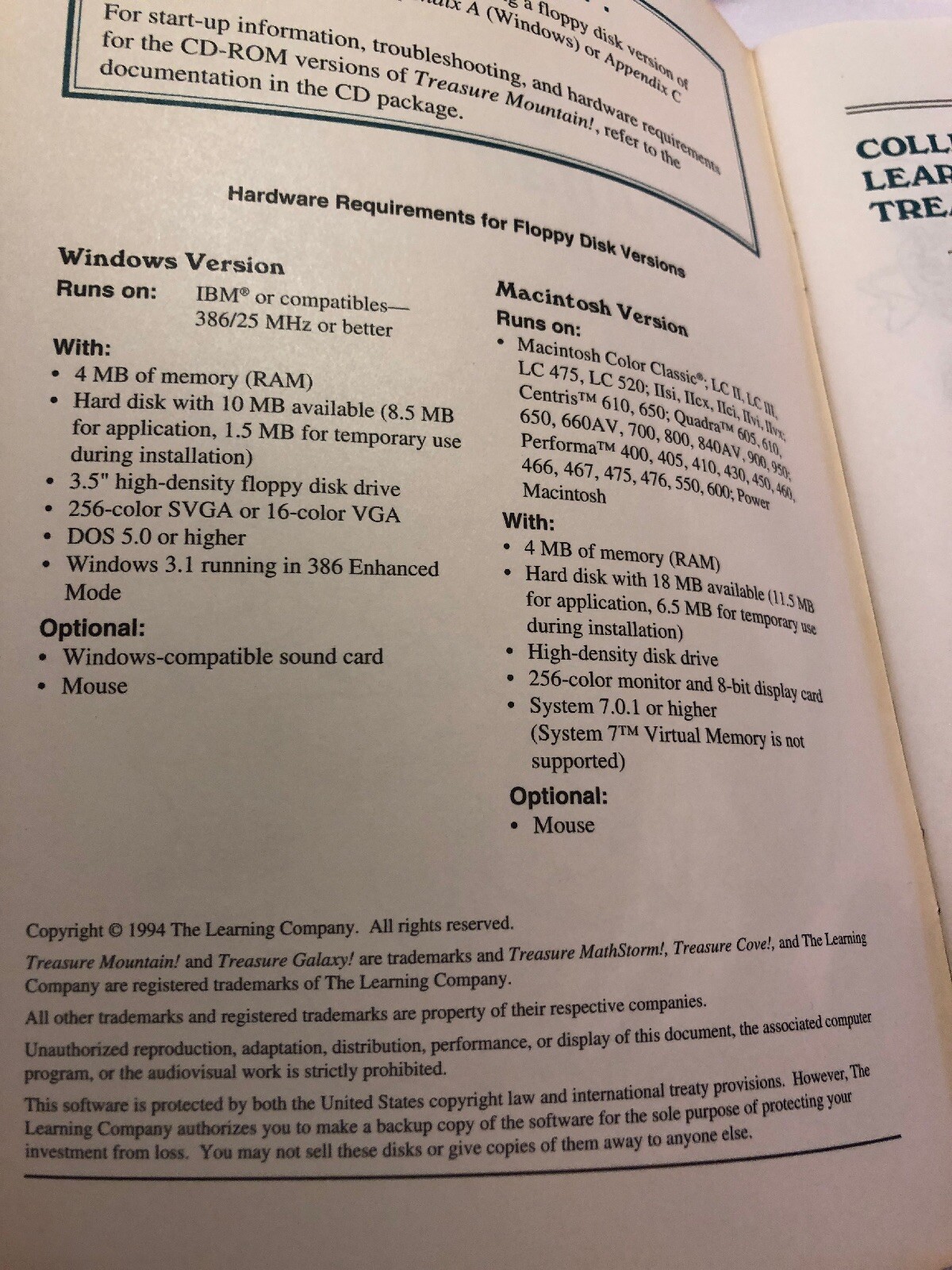 1994 The Learning Company Treasure Mountain! *User Guide only*