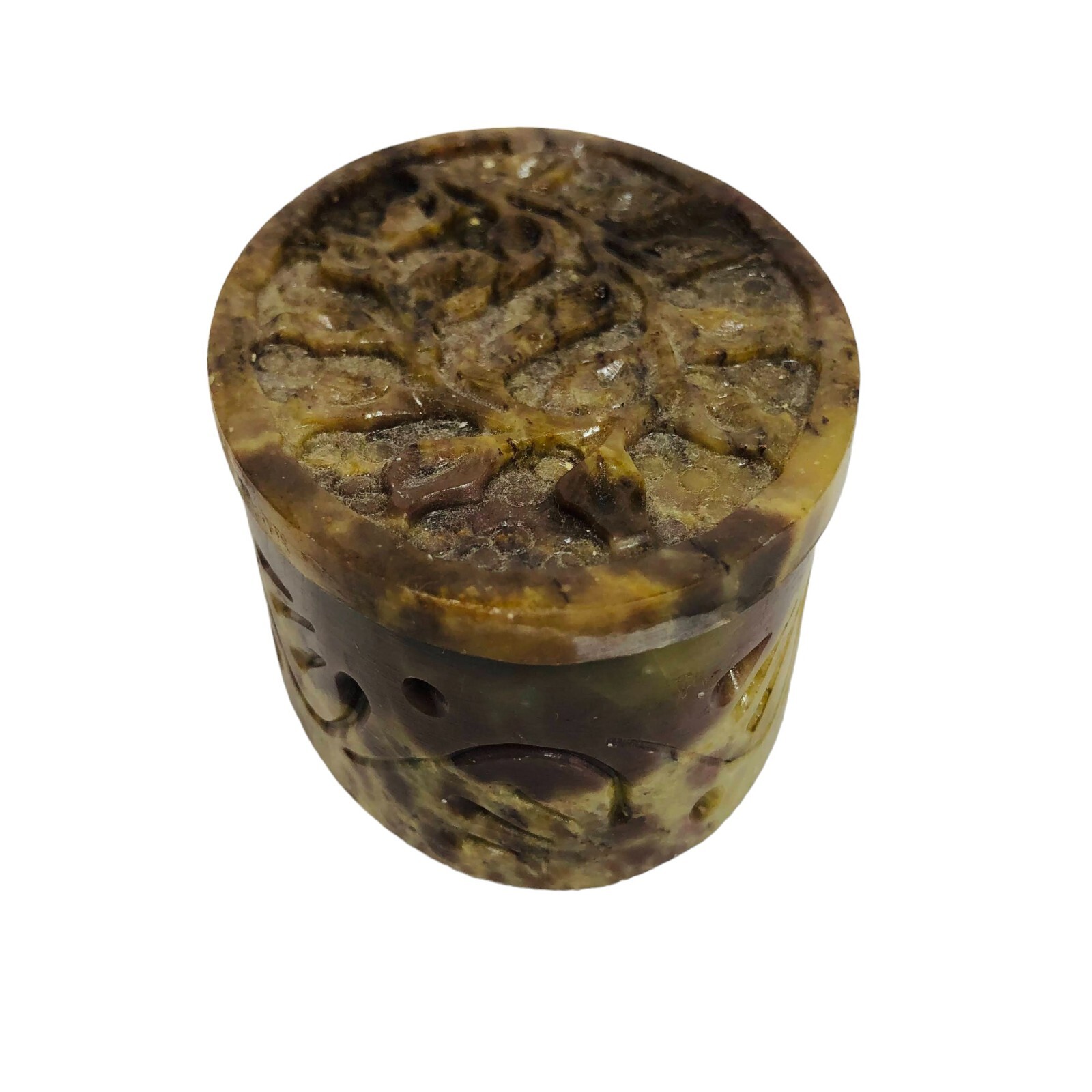 Carved Soapstone Brown Ring Trinket Oval Floral Box Pattern