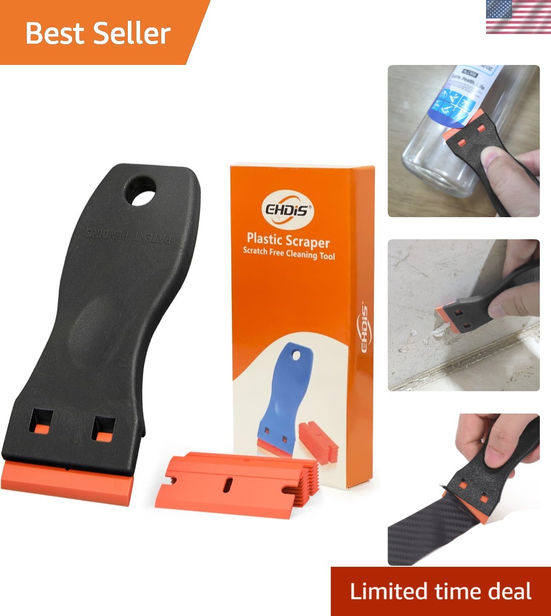 Ergonomic 1.5" Plastic Razor Scraper Tool with 10 Blades for Adhesive Removal