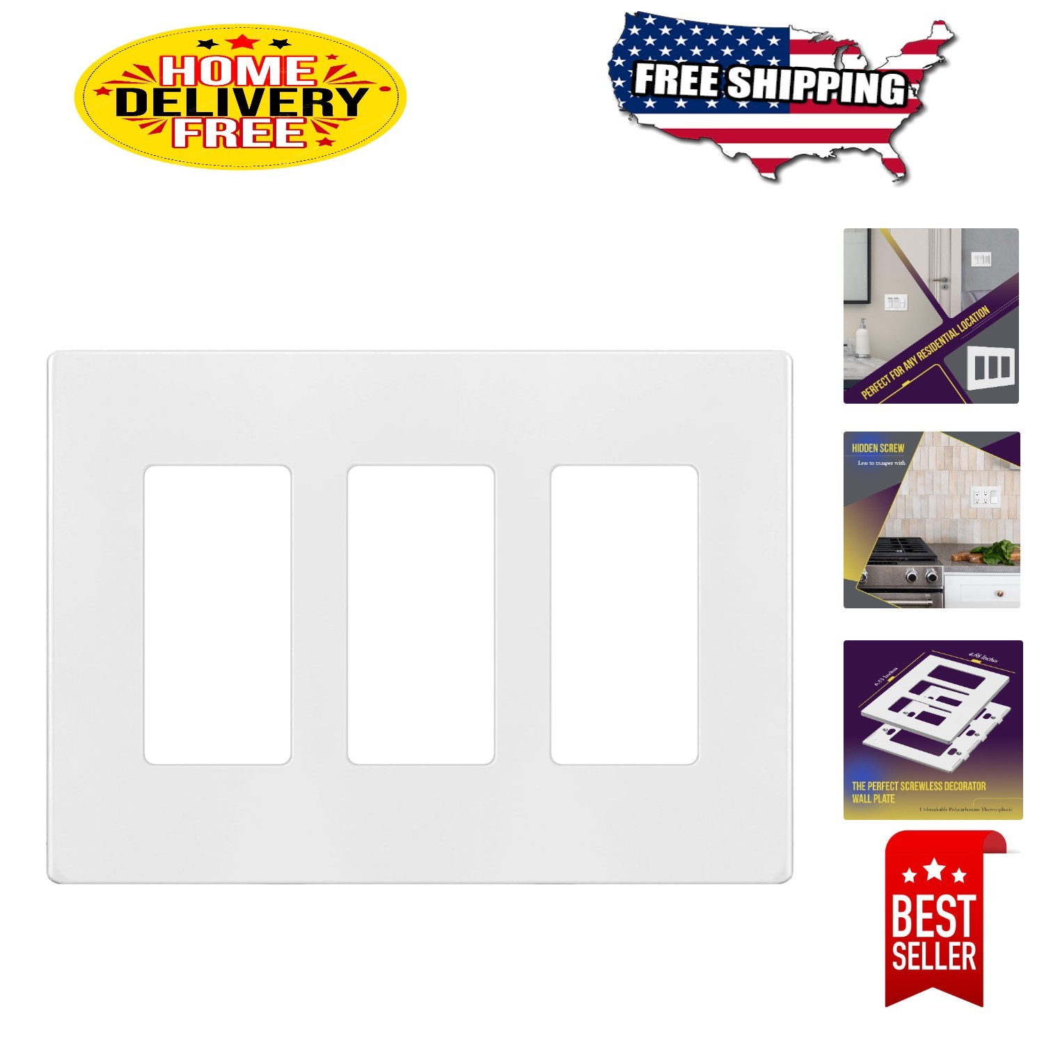 3-Gang Screwless Decorator Wall Plate - Stylish Child Safe Cover, White Gloss