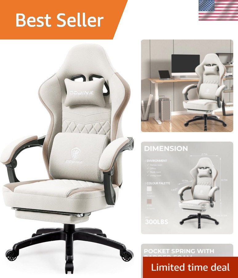 Luxurious Beige Gaming Chair with Multiple Recline Positions & Massage Support