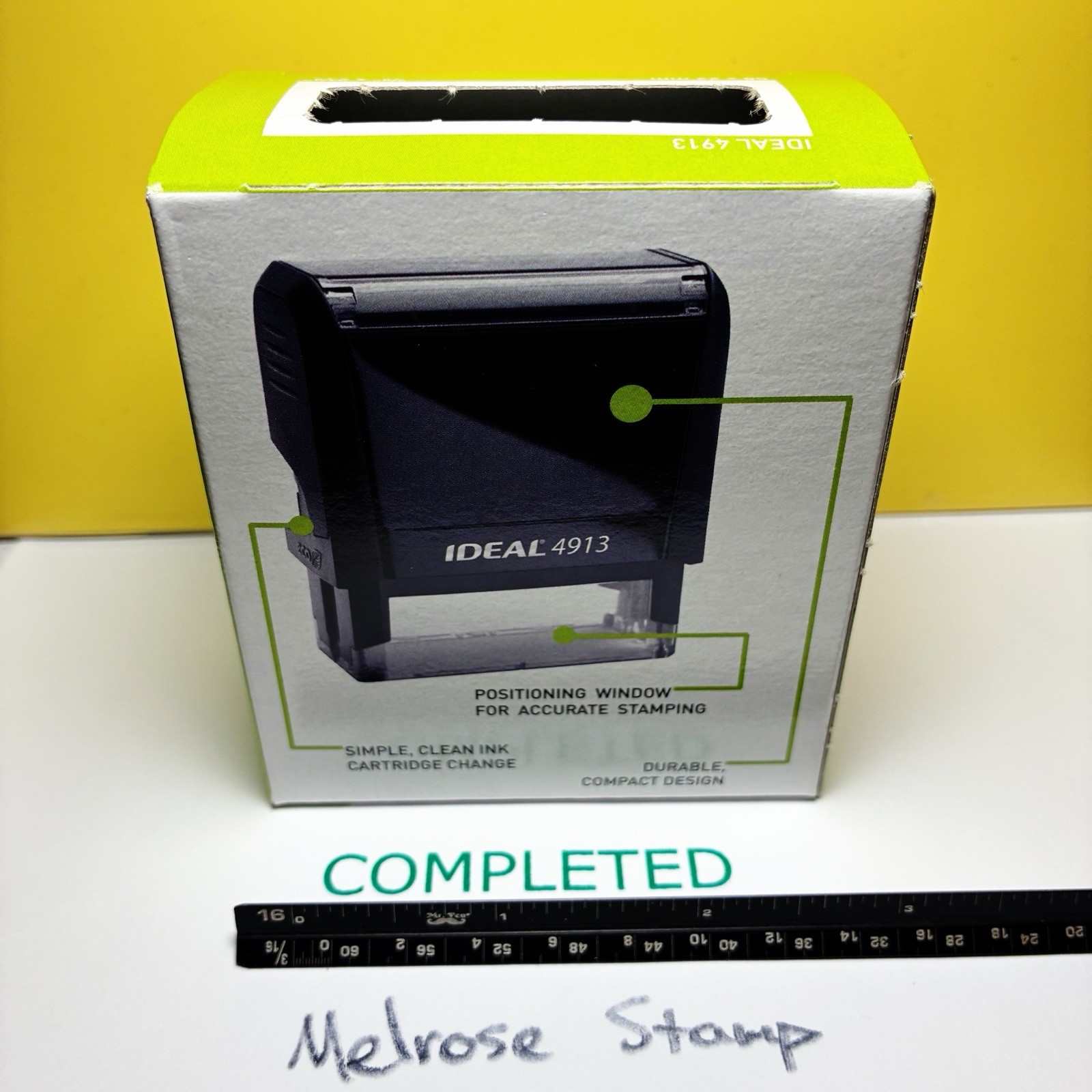 Completed Self Inking Rubber Stamp Green Ink Ideal 4913