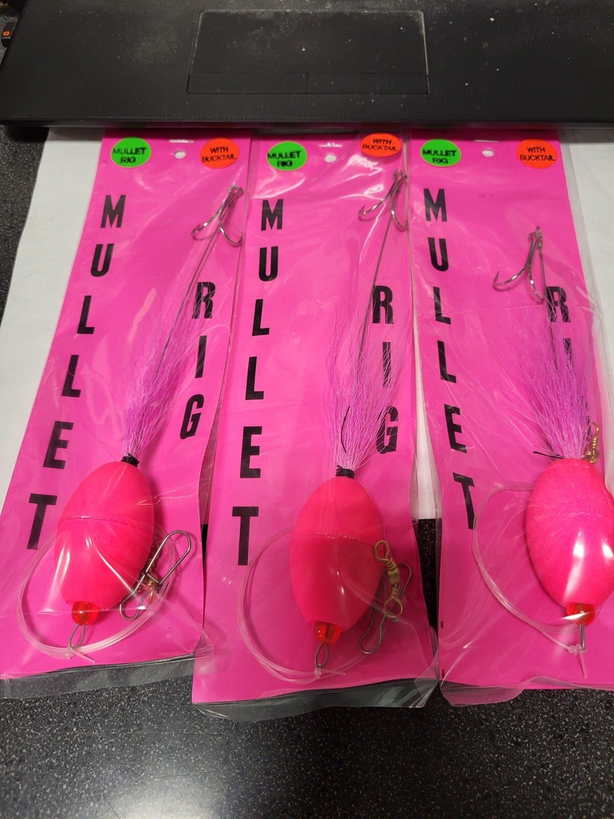 3 NJ Hand Tied 2/0 Hook Mono Flo. Pink w/Bucktail Mullet Rigs FREE SHIPPING
