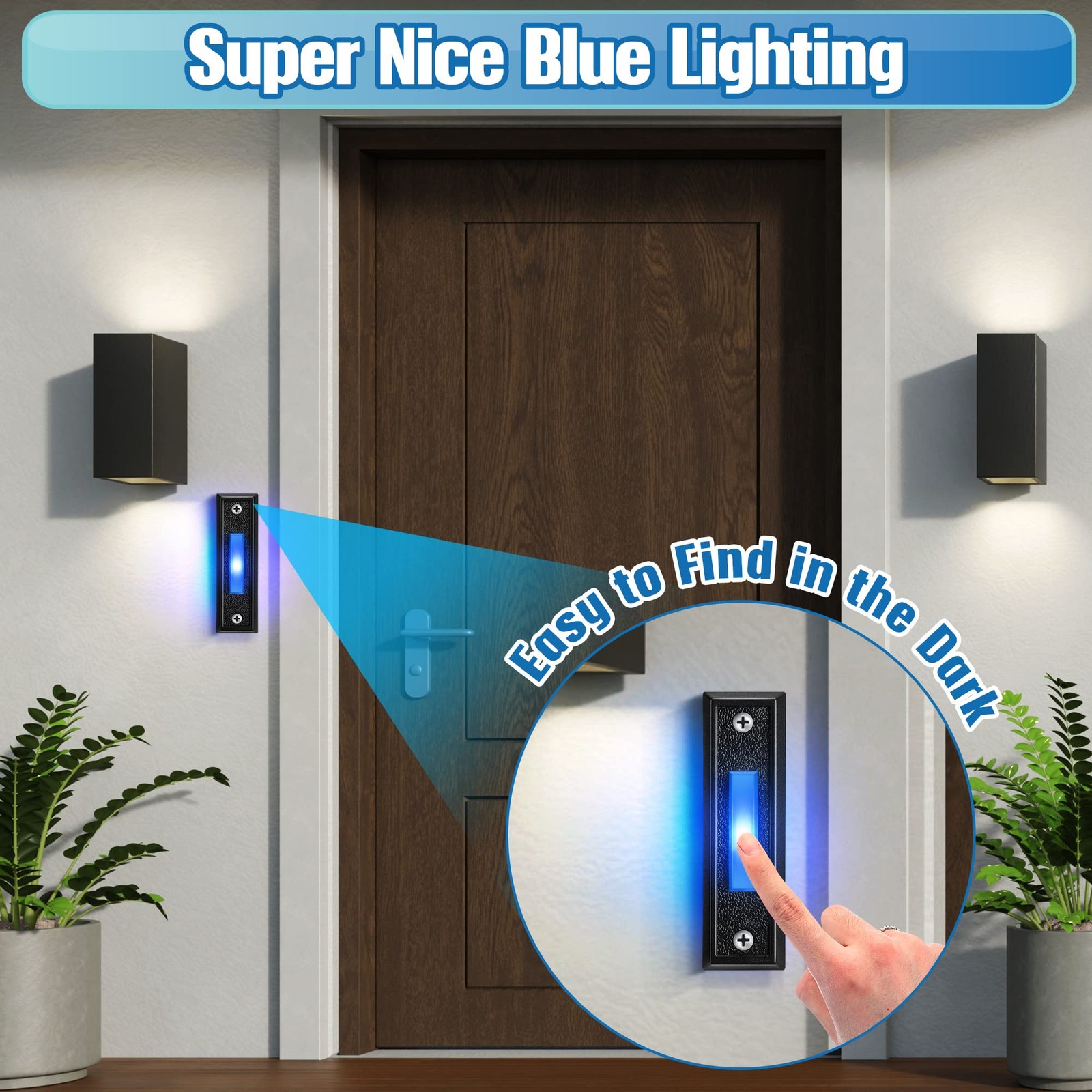 Saillong 1 Pack Wired Lighted Doorbell Button, Blue LED Switch, Black