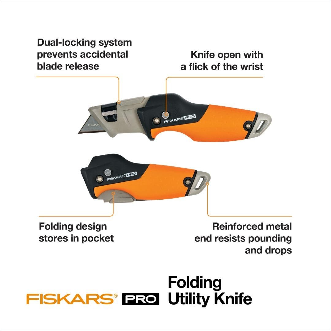 Fiskars Pro Retractable Folding Utility Knife, Box Cutter with Long-Lasting C...