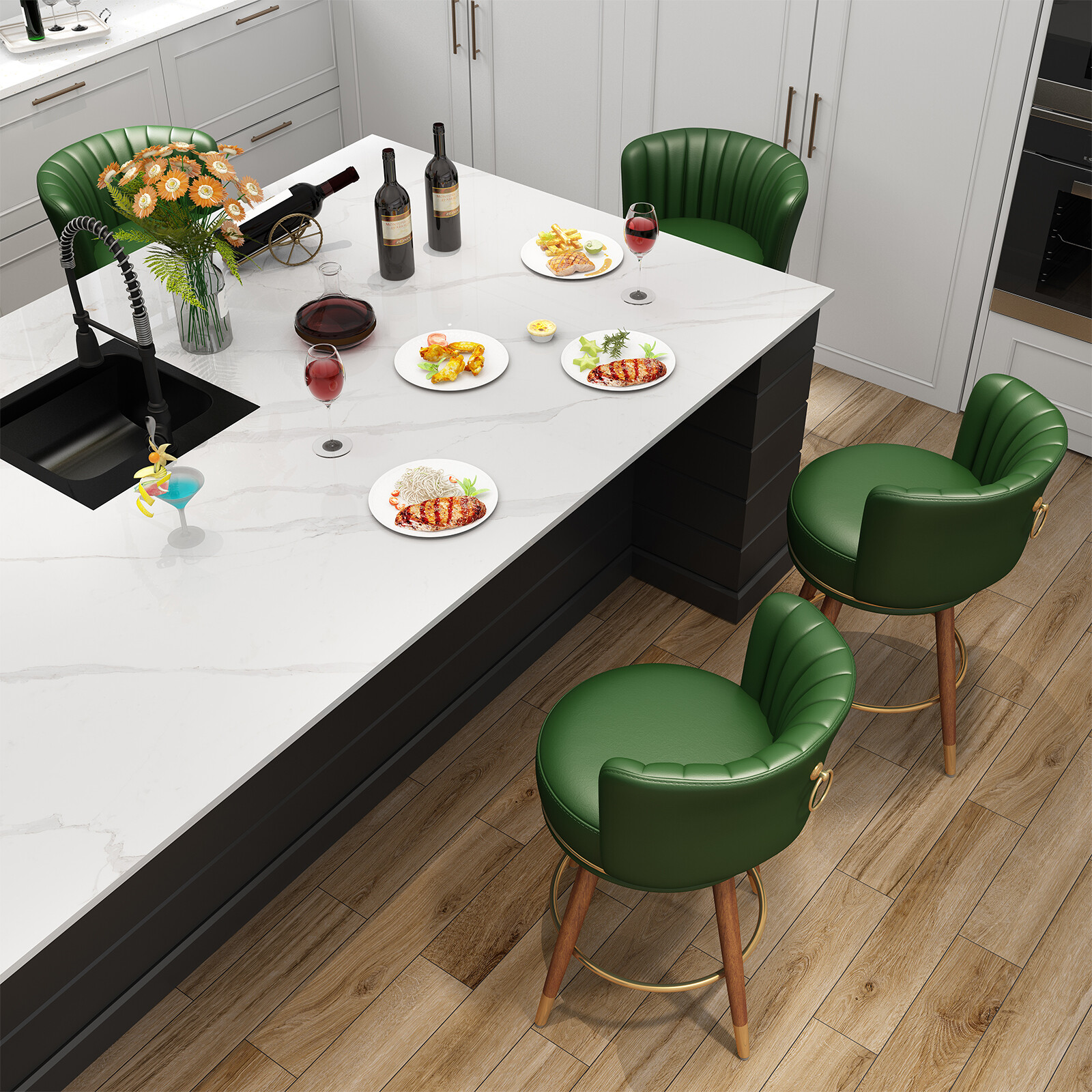 24" BarStools Set of 2, PU Leather Swivel Counter Height Stools Kitchen Stools