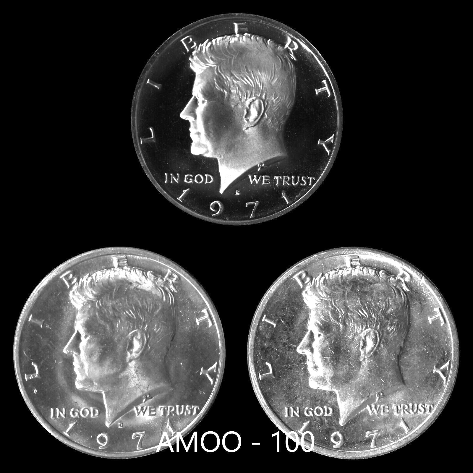 1971 P D S - Proof and 2 Uncirculated P & D Kennedy Half Dollar 3 Coin Set