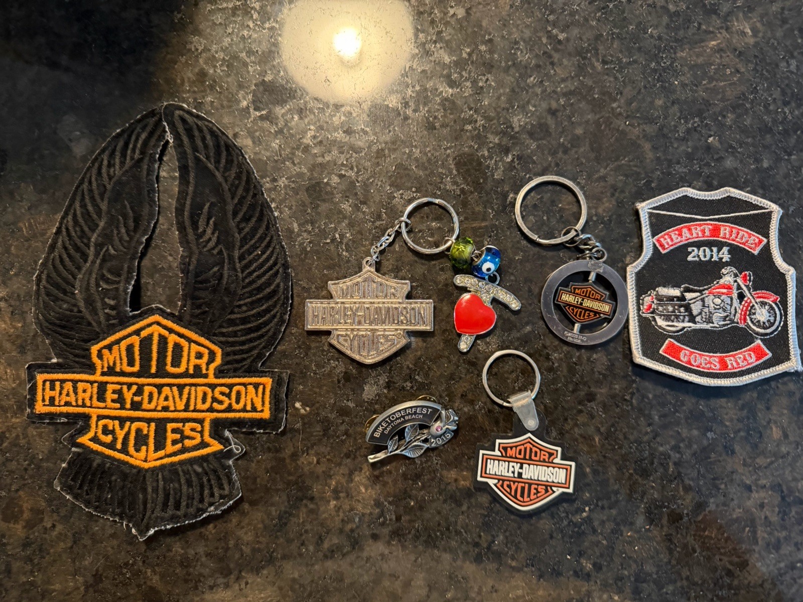 Lot of 6 Harley Davidson & Biker Patches and a Keychain Preowned