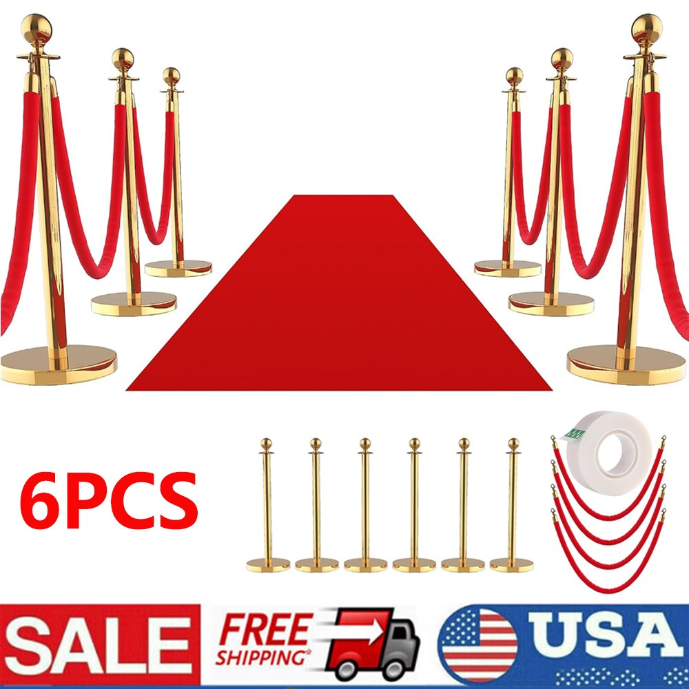 6-Piece Stanchion Set with Red Carpet & 4 Velvet Ropes,Hollow Base Crowd Control