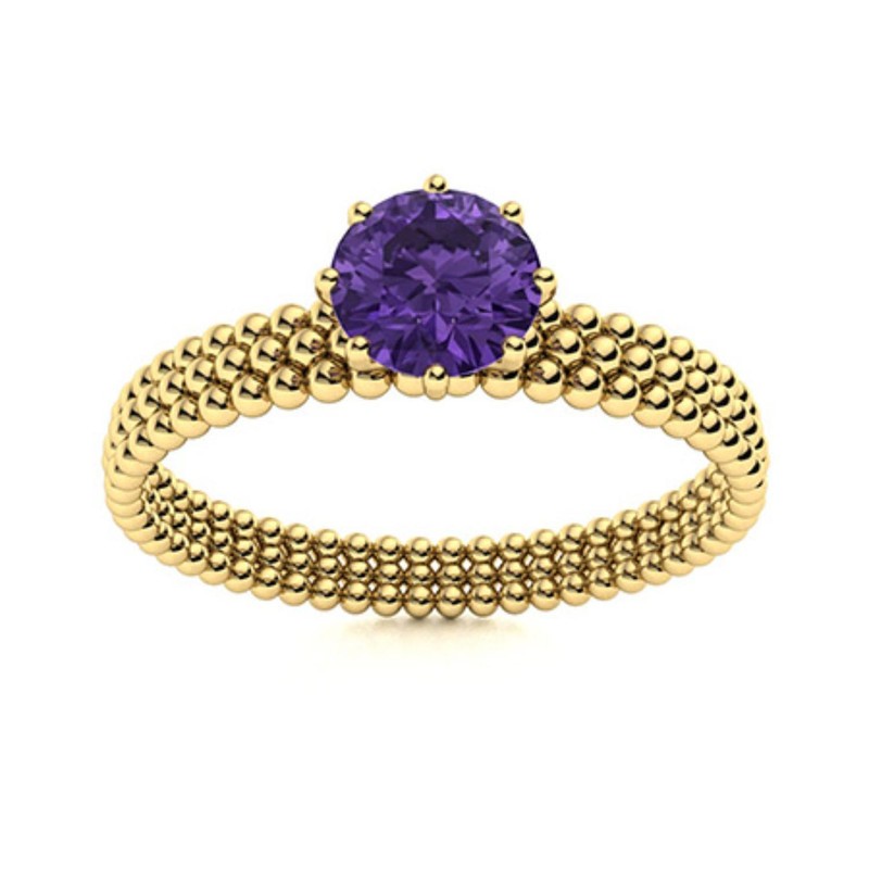 925 Silver Round Amethyst Gemstone Solitaire February Birth Ring Jewelry