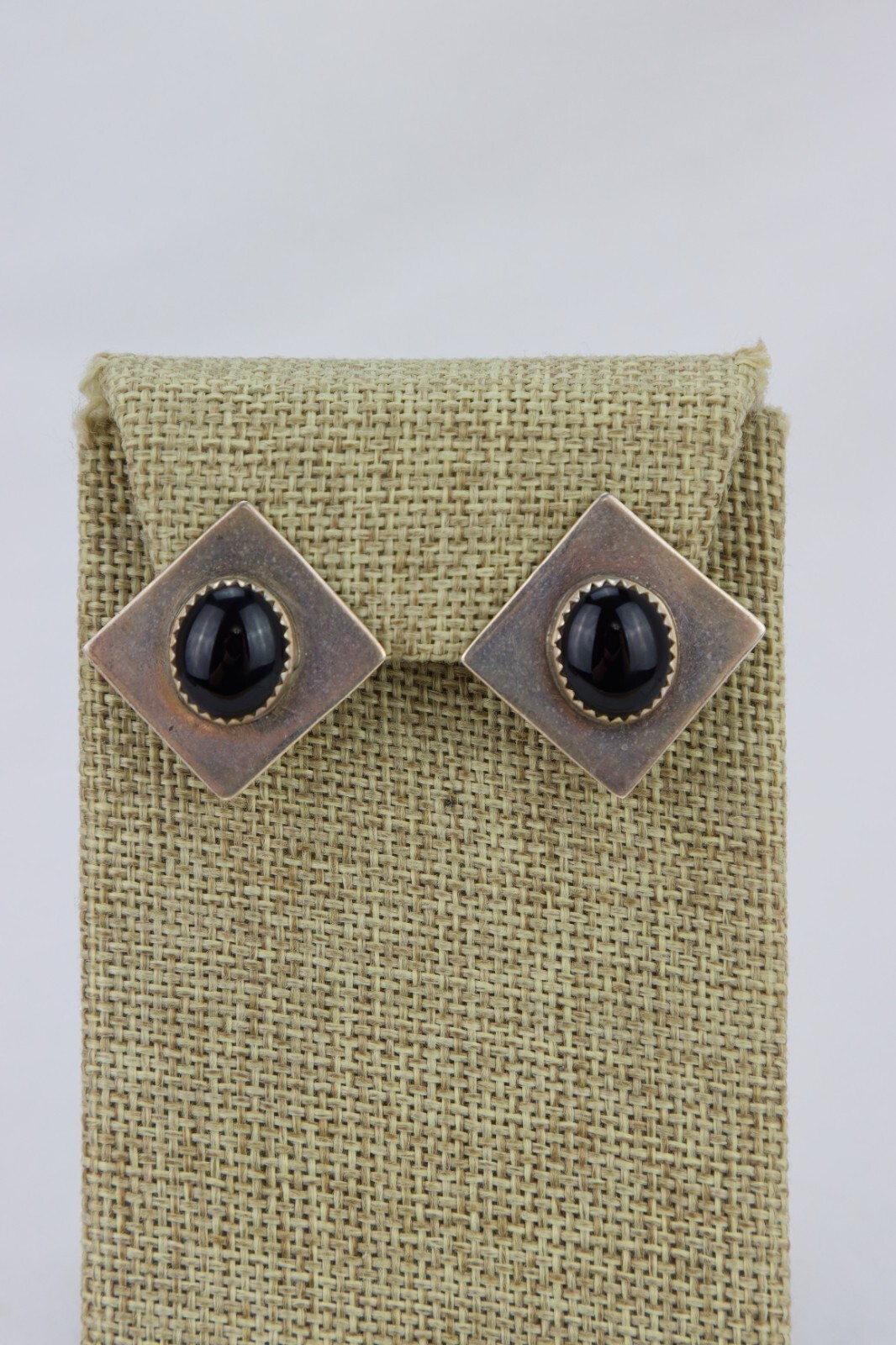 Sterling and Onyx Square Earrings, Signed "E.B.", Patina