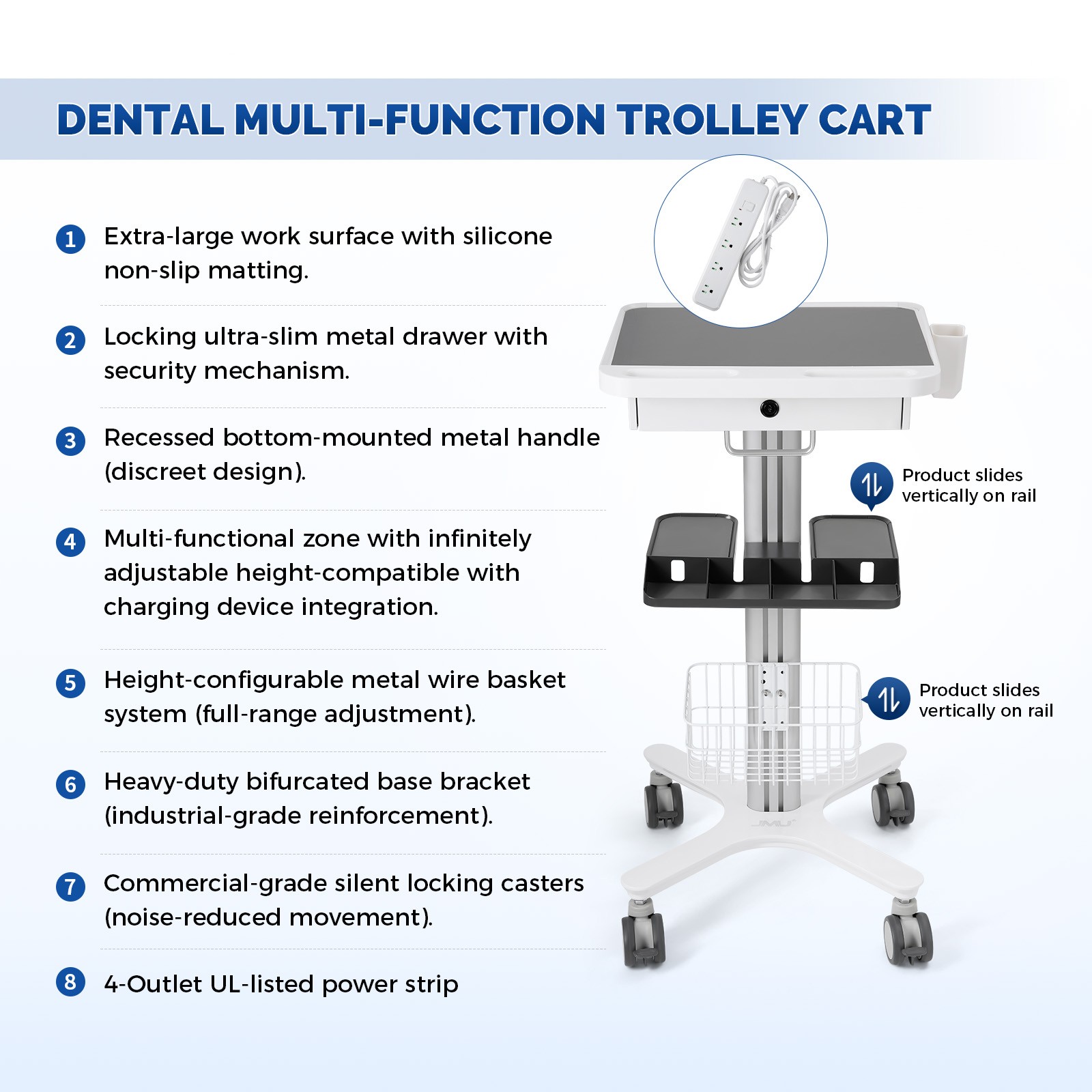 Dental Multi-Function Trolley Cart 40LBS Load Standard 360° Lockable Wheels