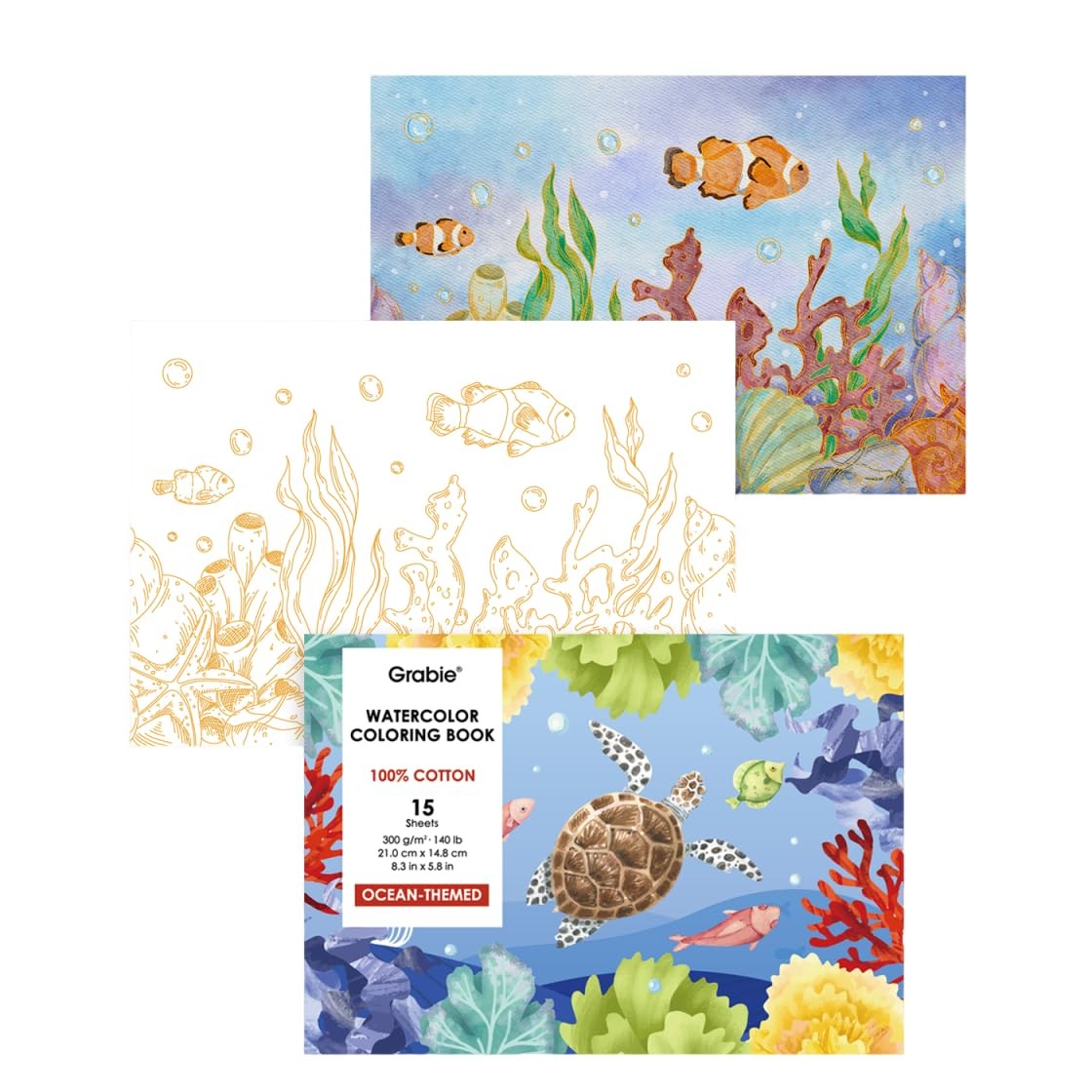 Grabie Watercolor Coloring Book, 15 Sheets A5 (8.3 x 5.8),Watercolor Ocean
