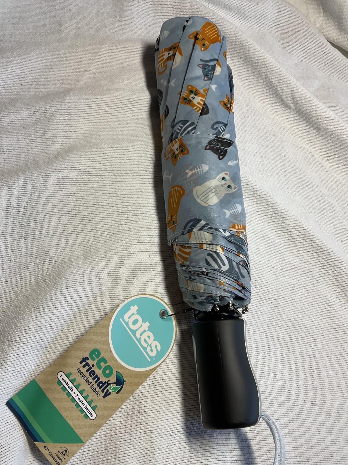 TOTES  BASIC WOMEN'S UMBRELLA GRAY CATS 42 INCH COVERAGE PUSH OPEN NWT