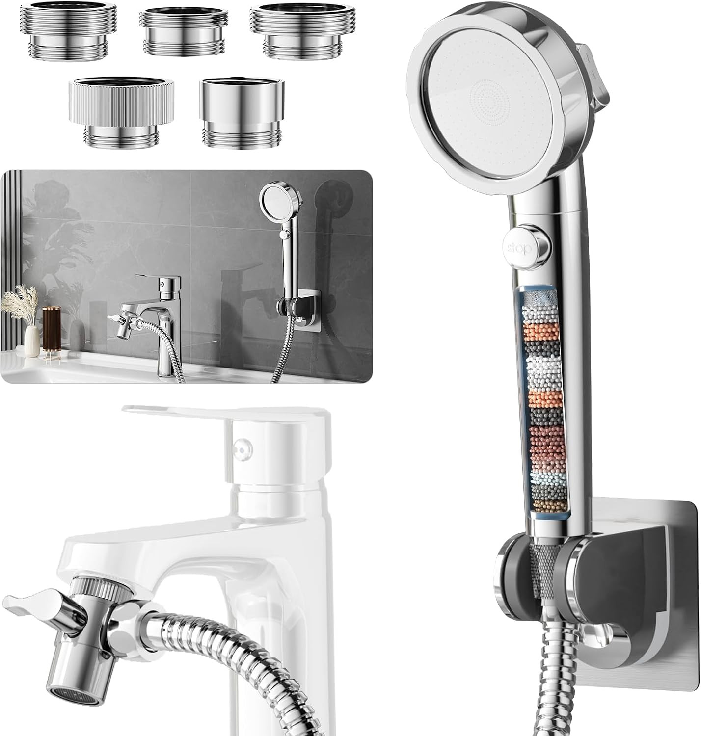 Sink Hose Sprayer Attachment for Faucet, 5 Adapters, Chrome | 3 Mode Shower Head