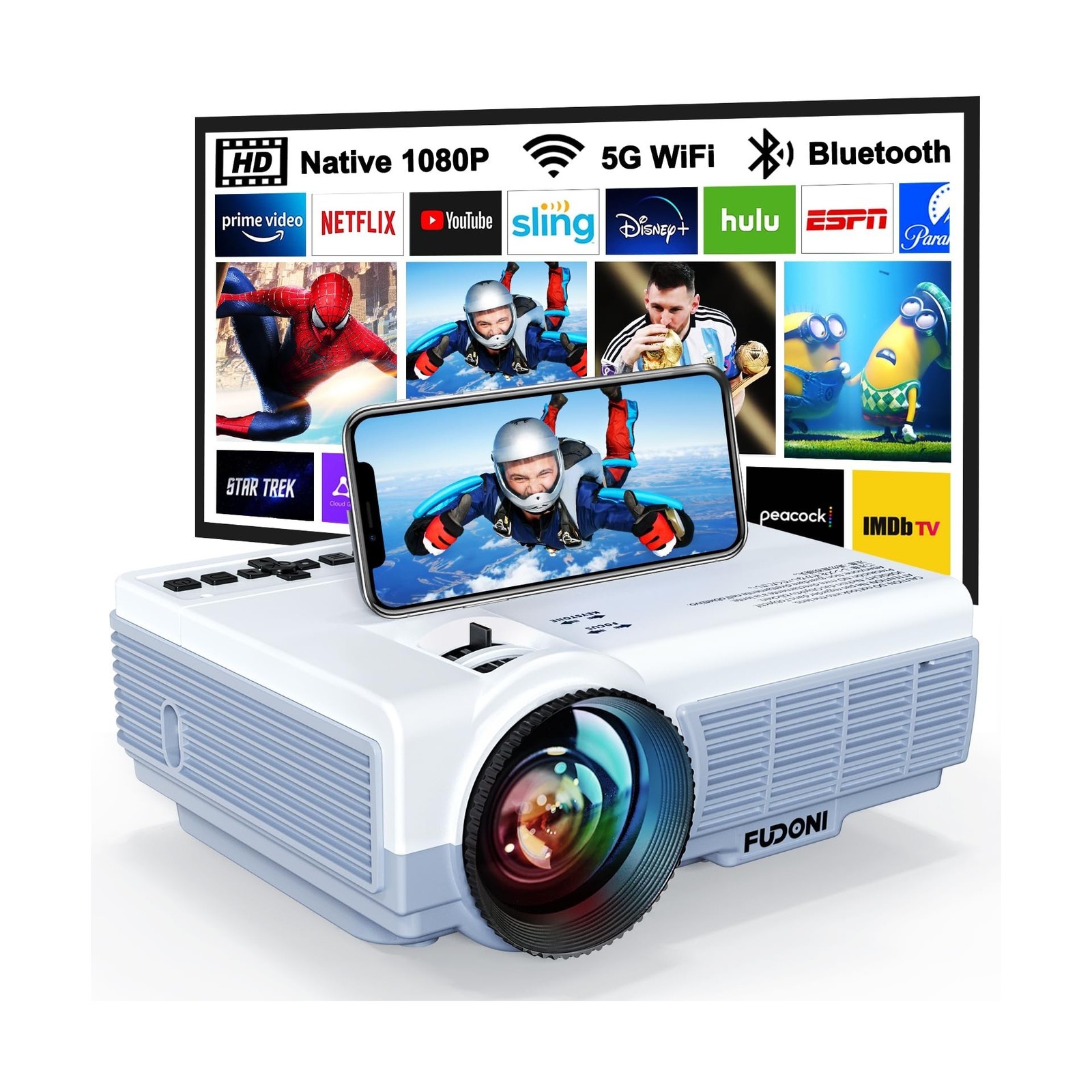 Projector with WiFi and Bluetooth, FUDONI Upgrade Projector Native 1080P 1400...