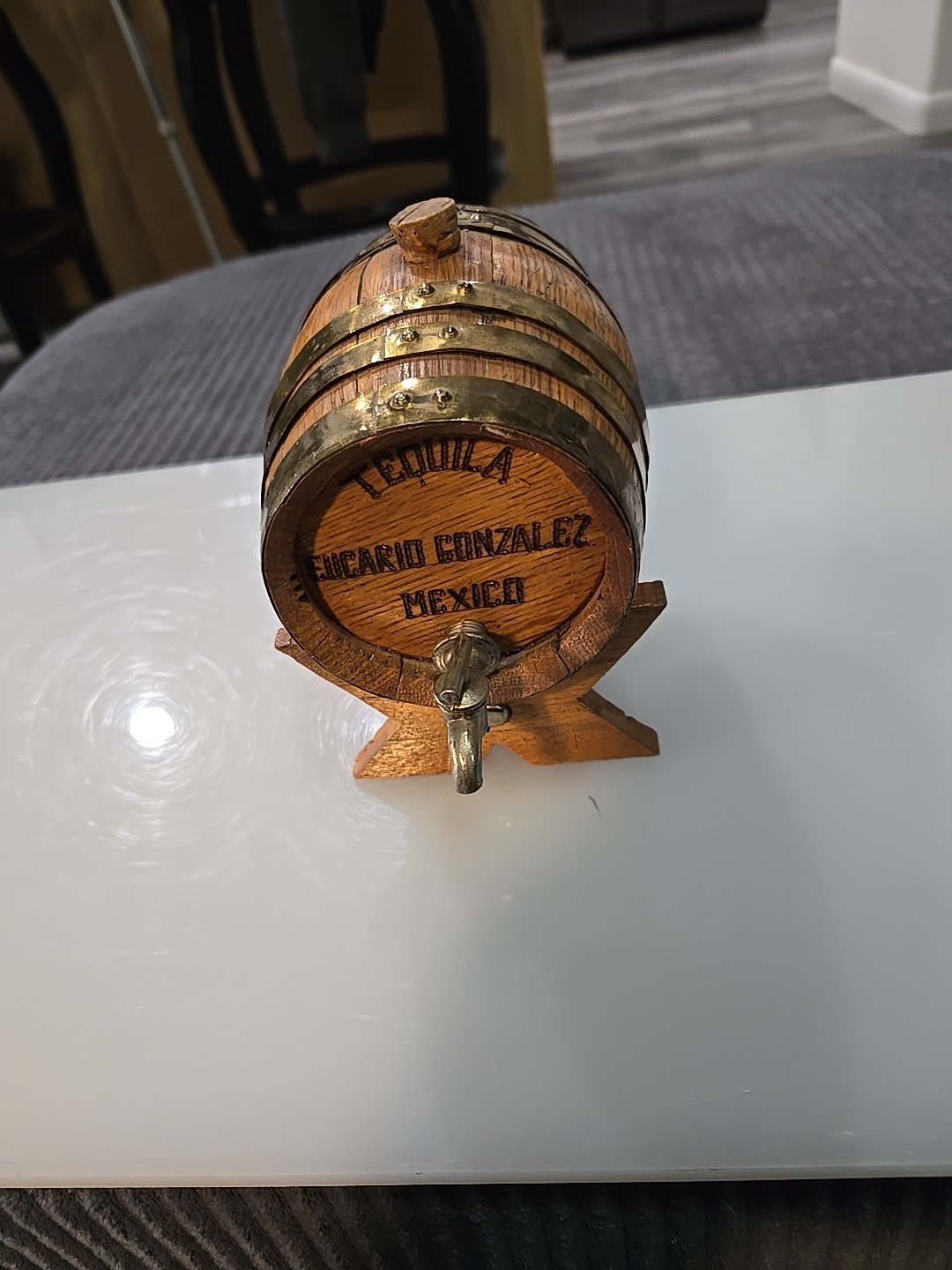 Wooden Tequila Barrel On Stand.