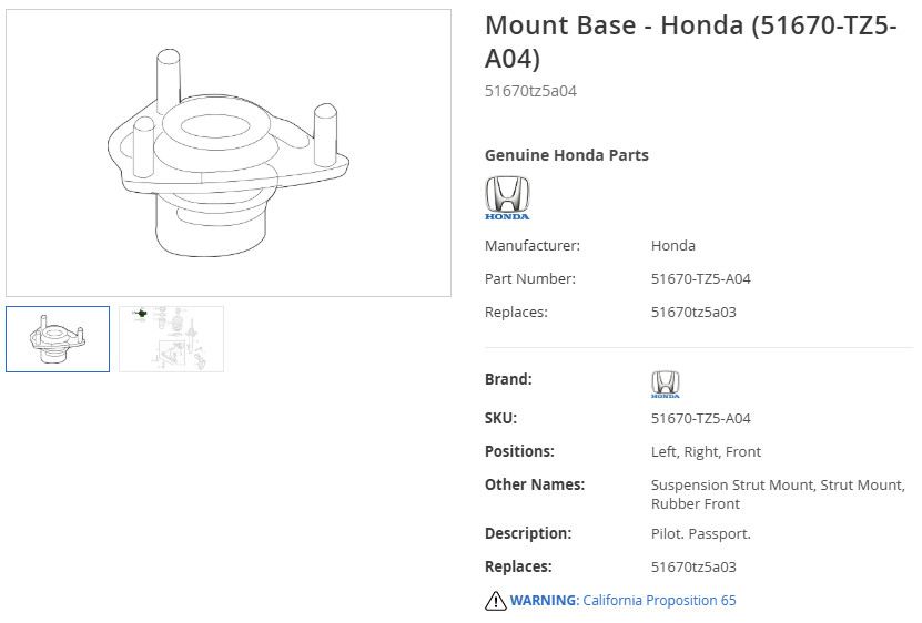 HONDA #51670-TZ5-A04 Rubber, FR. Shock Absorber Mounting 2016-2021 Honda - NEW!!