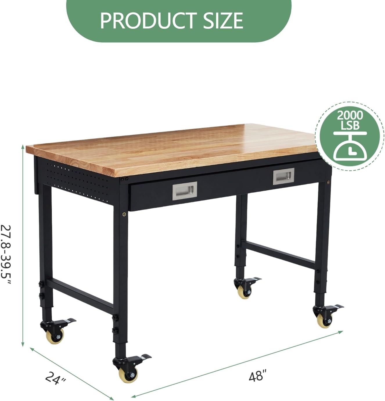 48x24"Adjustable Garage Workbench&Drawer,2000LB,USB Port,WorkstationMobile Table