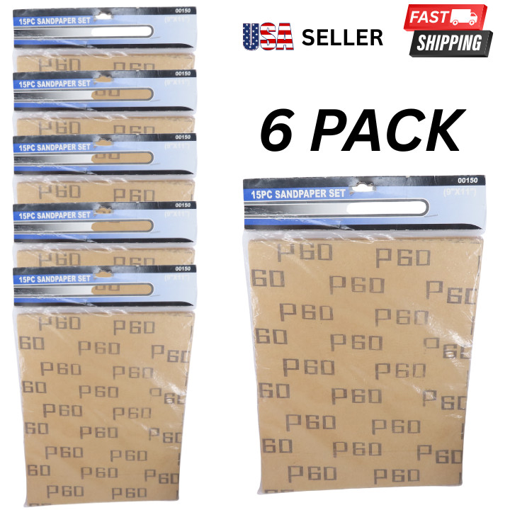 (6 PACK) OF 15PC 9"X11" P240, P100, P80, P60 SANDPAPER SET