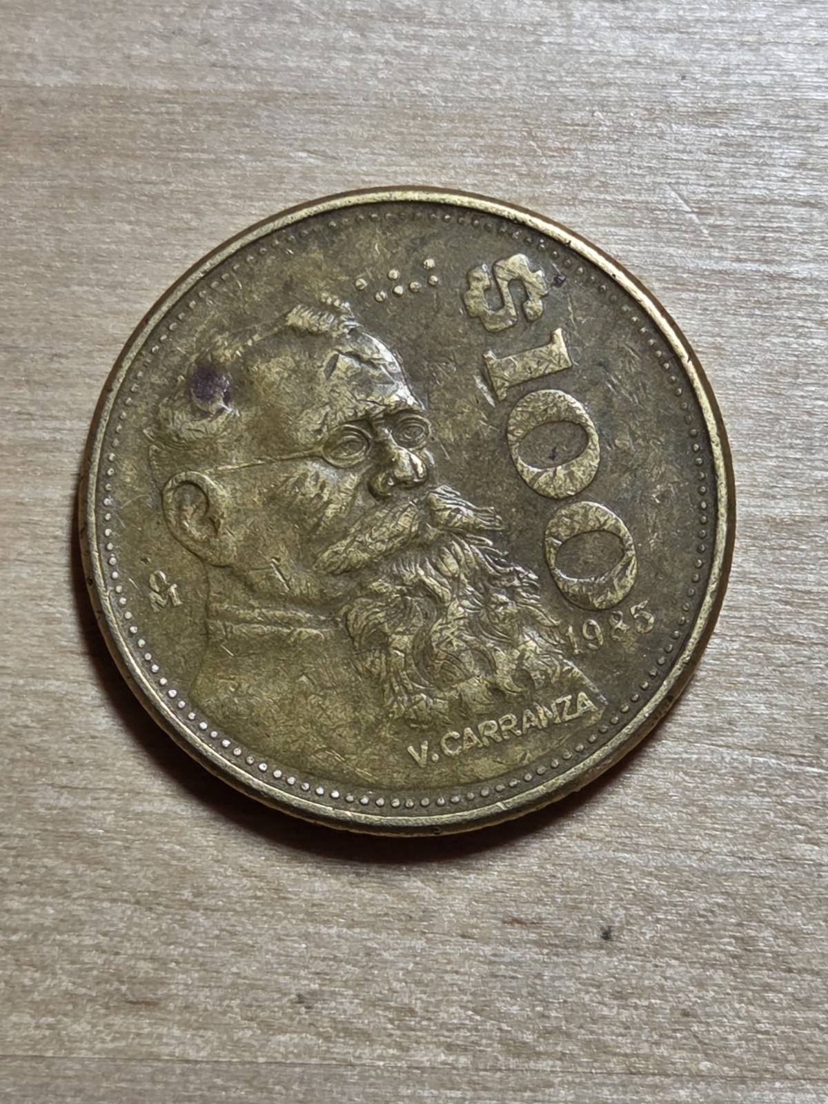 Mexico 100-Pesos coin, 1985. KM# 493, aluminum-bronze. Venustiano Carranza.