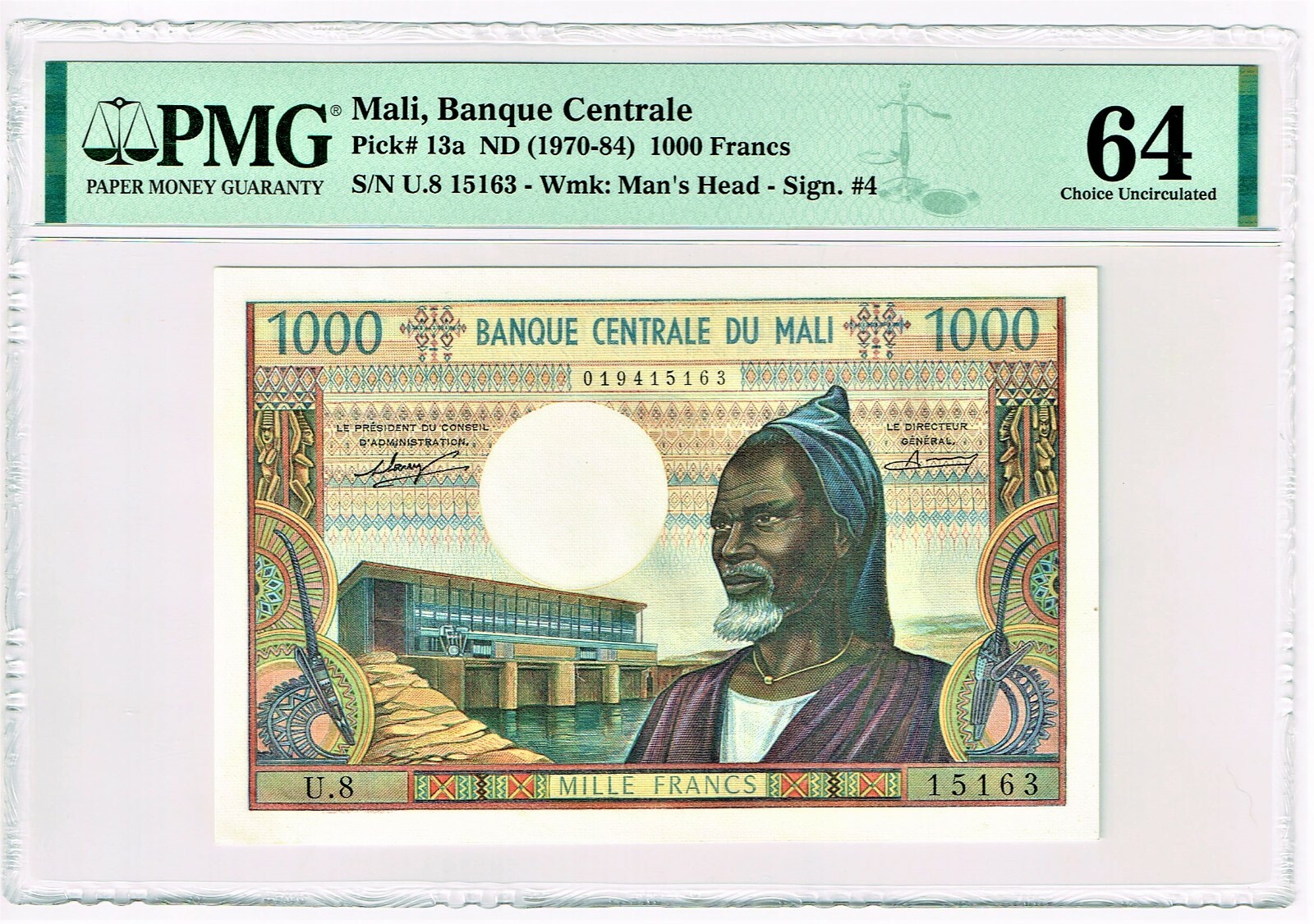 Mali: 1000 Francs ND (1970-84) Pick 13a PMG Choice Uncirculated 64.