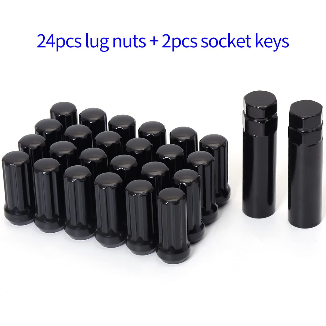 M14X1.5 Spline Lug Nuts Black 2" Tall Set of 24 with 2 Socket Keys