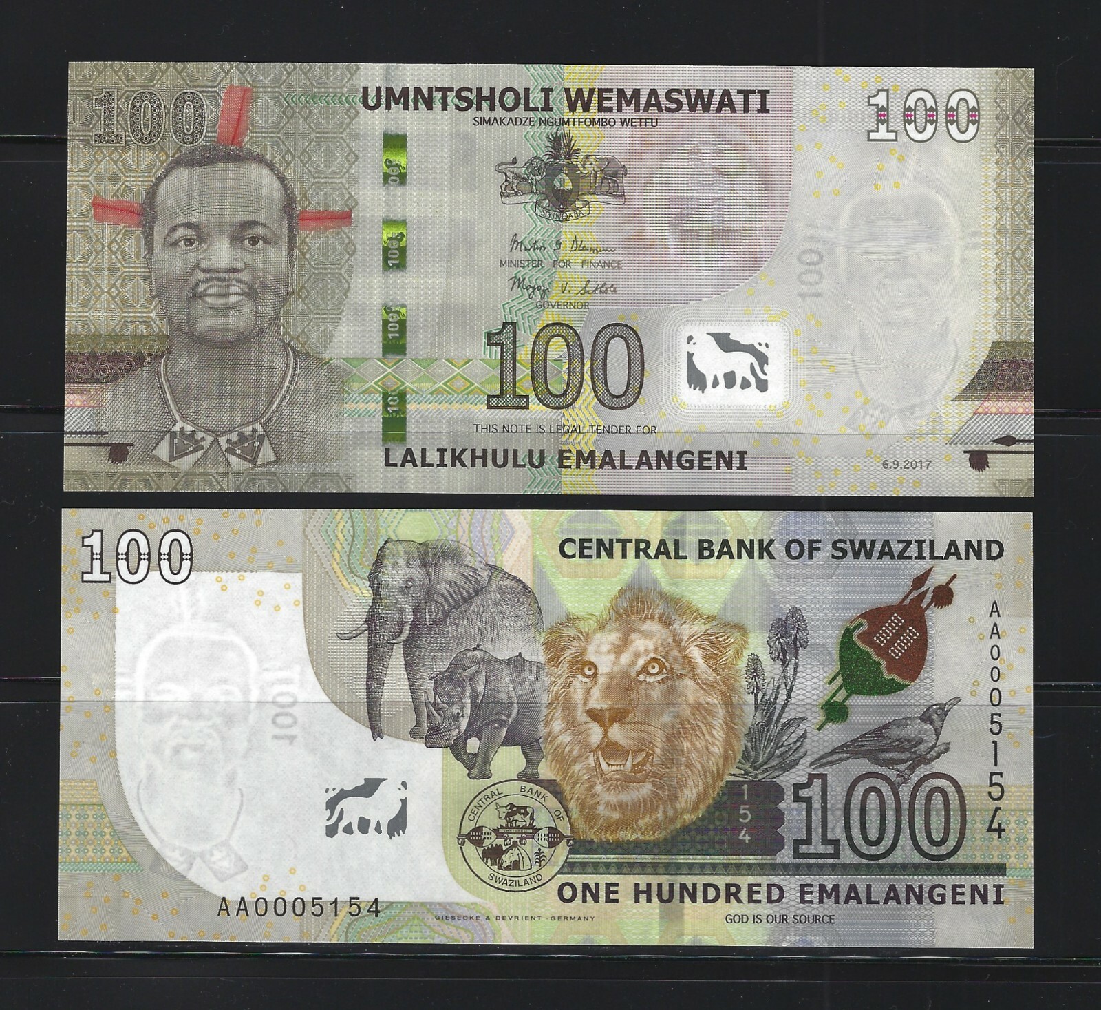 SWAZILAND 100 Emalangeni 2017, P-42, Hybrid Note, AA Prefix Low S/N, UNC Animals
