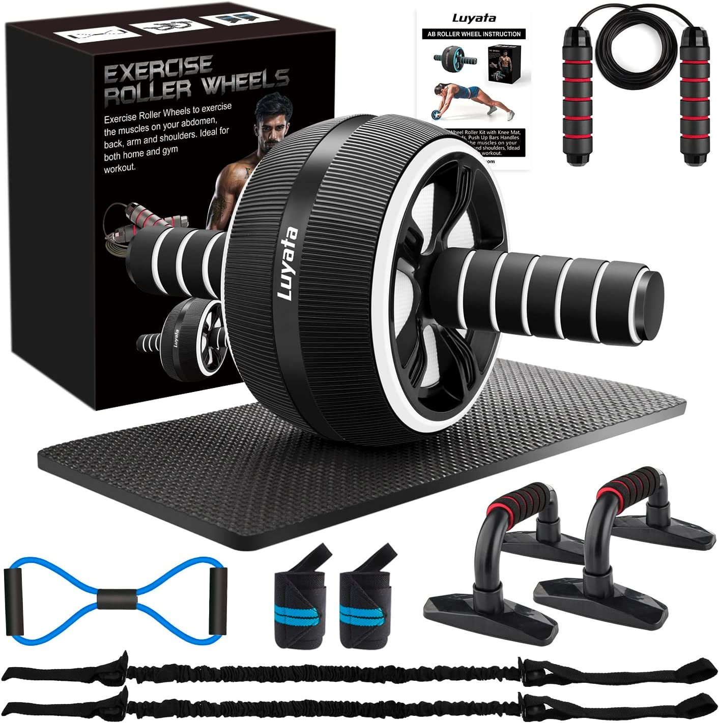 LUYATA 10-in-1 Ab Roller Wheel Kit Home Gym Set w/ Knee Mat Bands Rope Push Up B