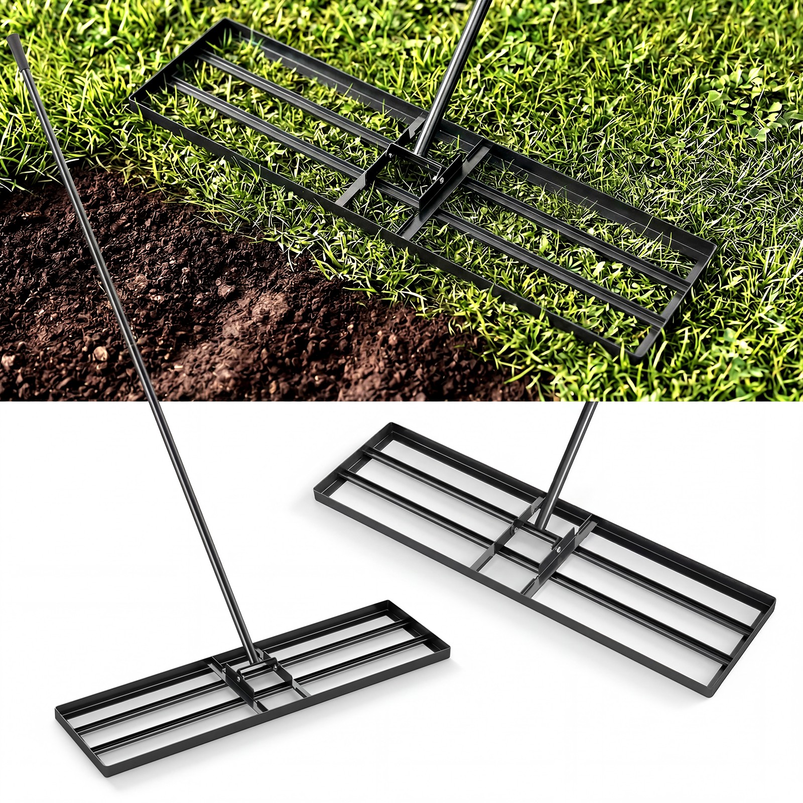 36” x 10” Large Lawn Leveling Rake with 67” Handle, Non-slip Grip, Flat Head