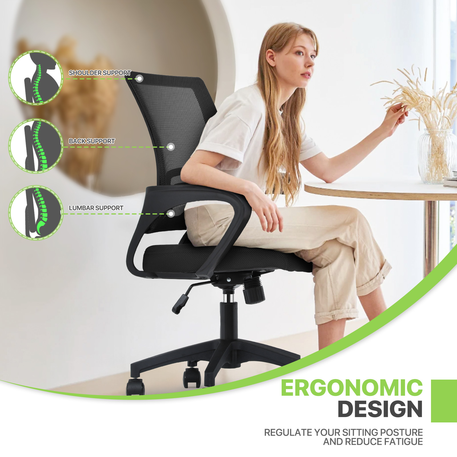 Rolling Computer Chair[PURE BLACK]Breathable Mesh Meeting Room Home Office Seat