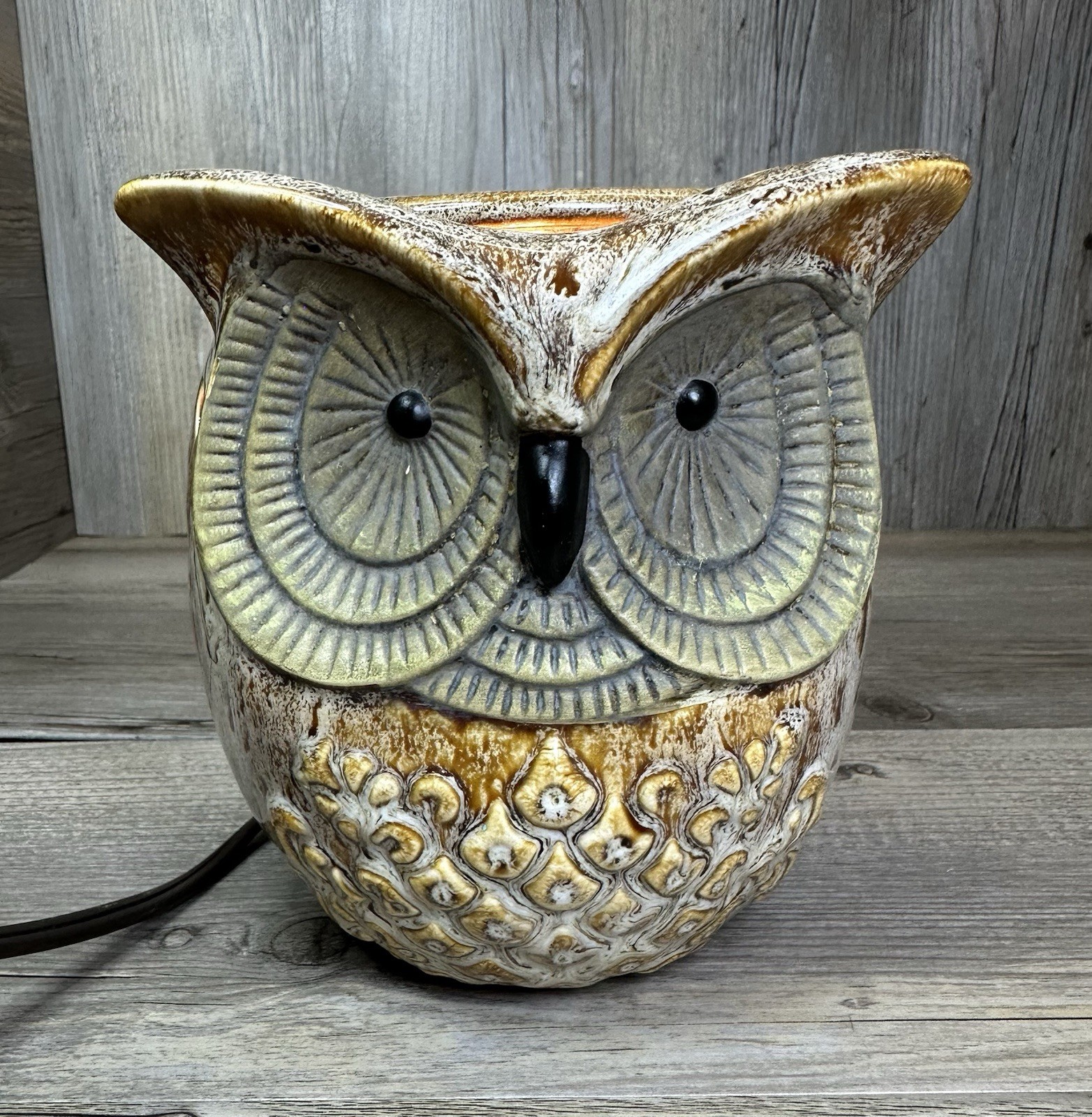 Owl Night Light Brown Ceramic Drip Glaze 6" Tall