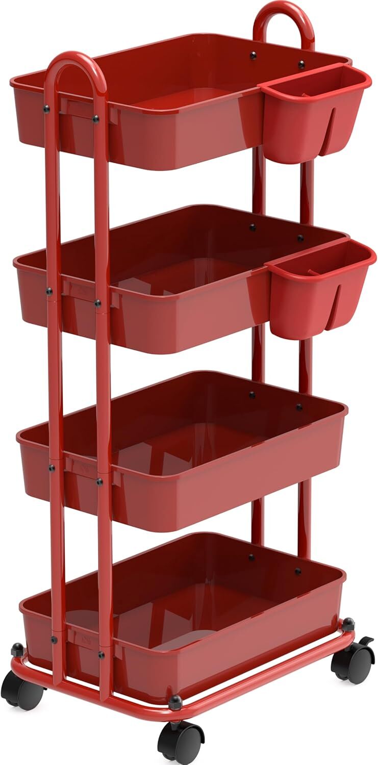 4-Tier Multi-Purpose Rolling Utility Cart with Bucket, Red 12.25 “D x17 ‘Wx37 ’H