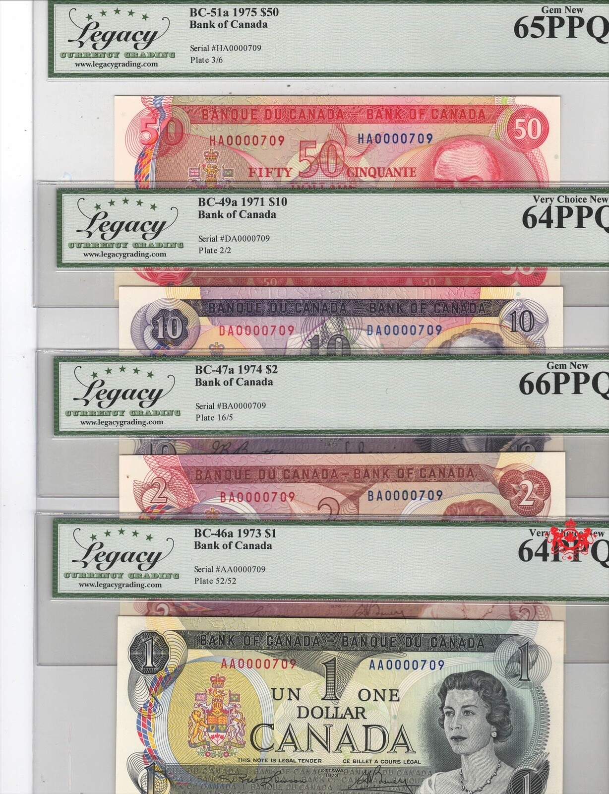 1975 Bank Of Canada 1,2,10,50$ Matching Low Serial Number - Legacy Graded -