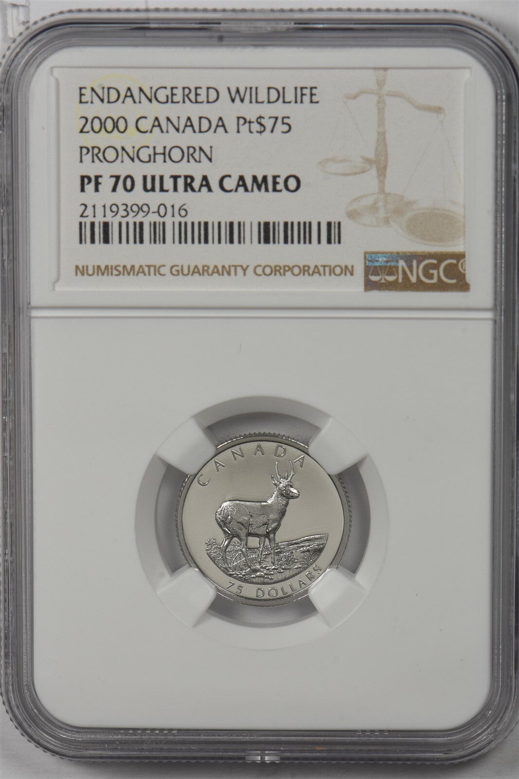 Canada 2000 $75 platinum NGC Proof 70UC Pronghorn. 0.25oz platinum. 600 minted.
