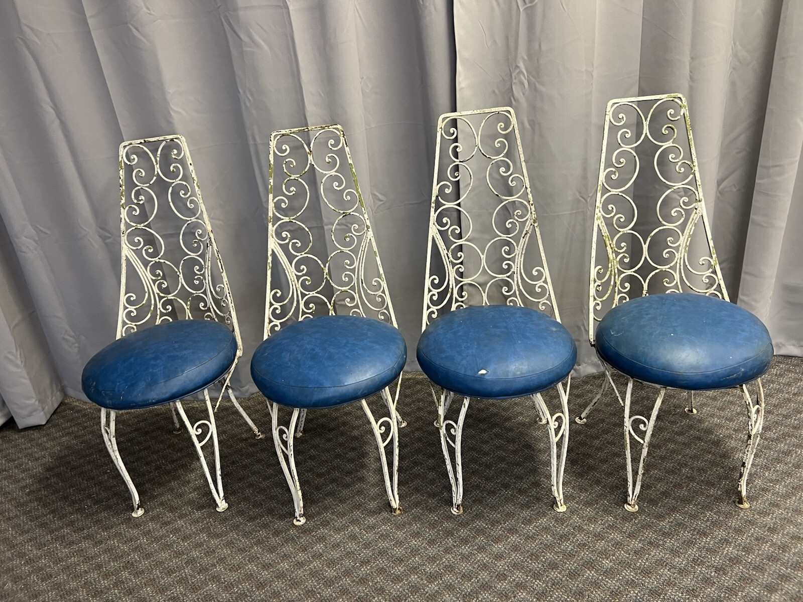 Vintage WROUGHT IRON CHAIR SET x 4 metal dining upholstered seat mcm ornate lot