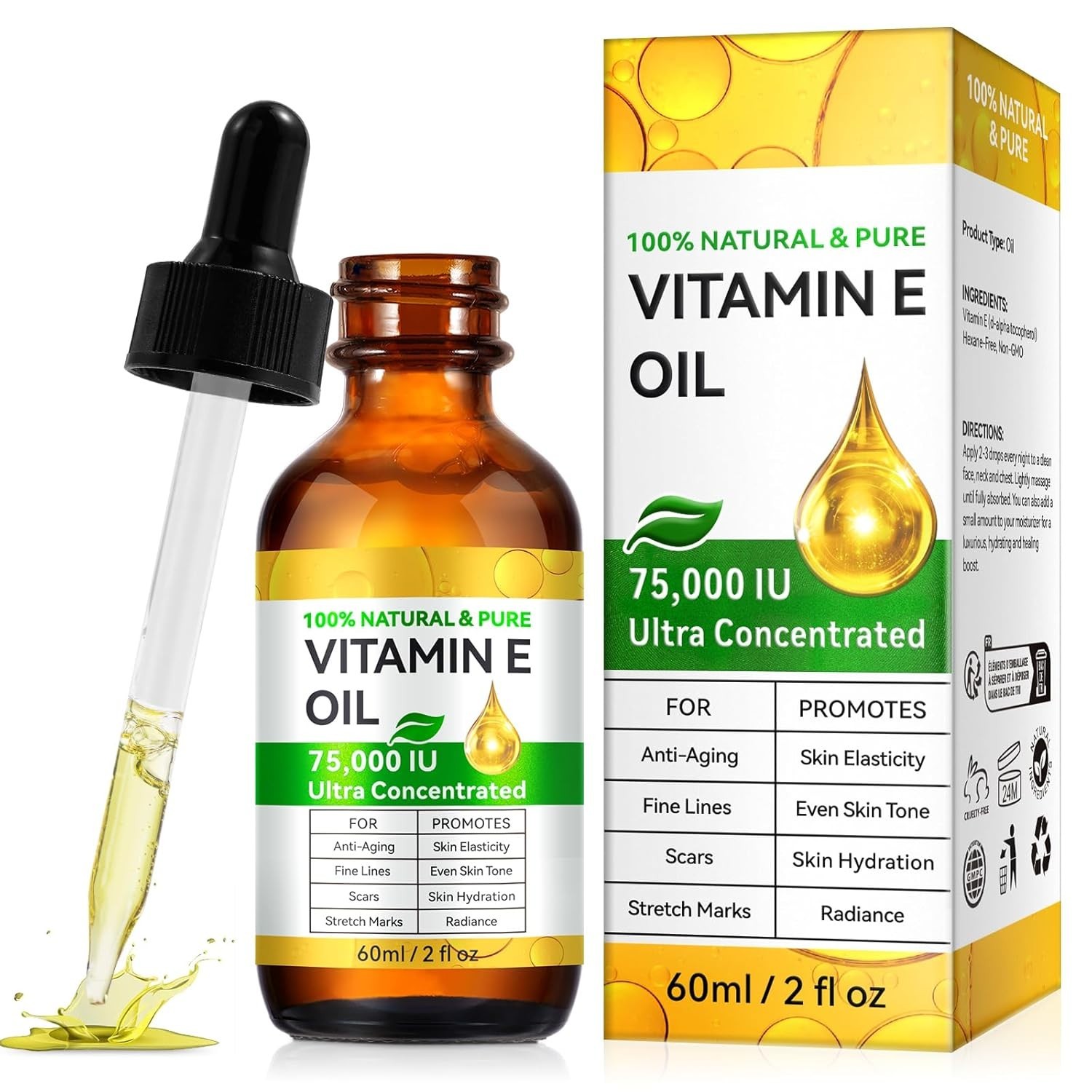 Vitamin E Oil,Natural Vitamin E Oil for Skin 75,000 IU, Organic Pure Vitamins E